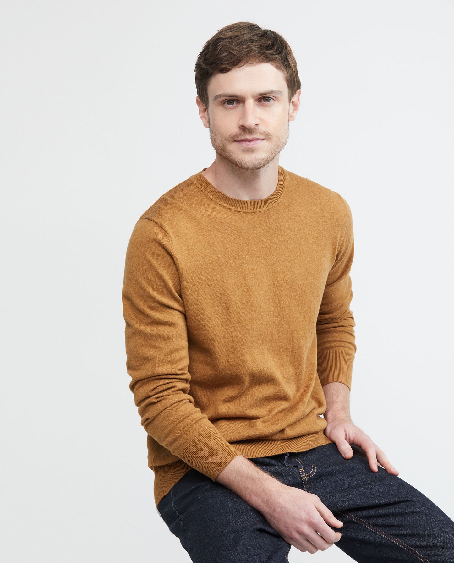 Men's Knitted Sweater, Closed Round Neck - Heather Fibers - Khaki - 1