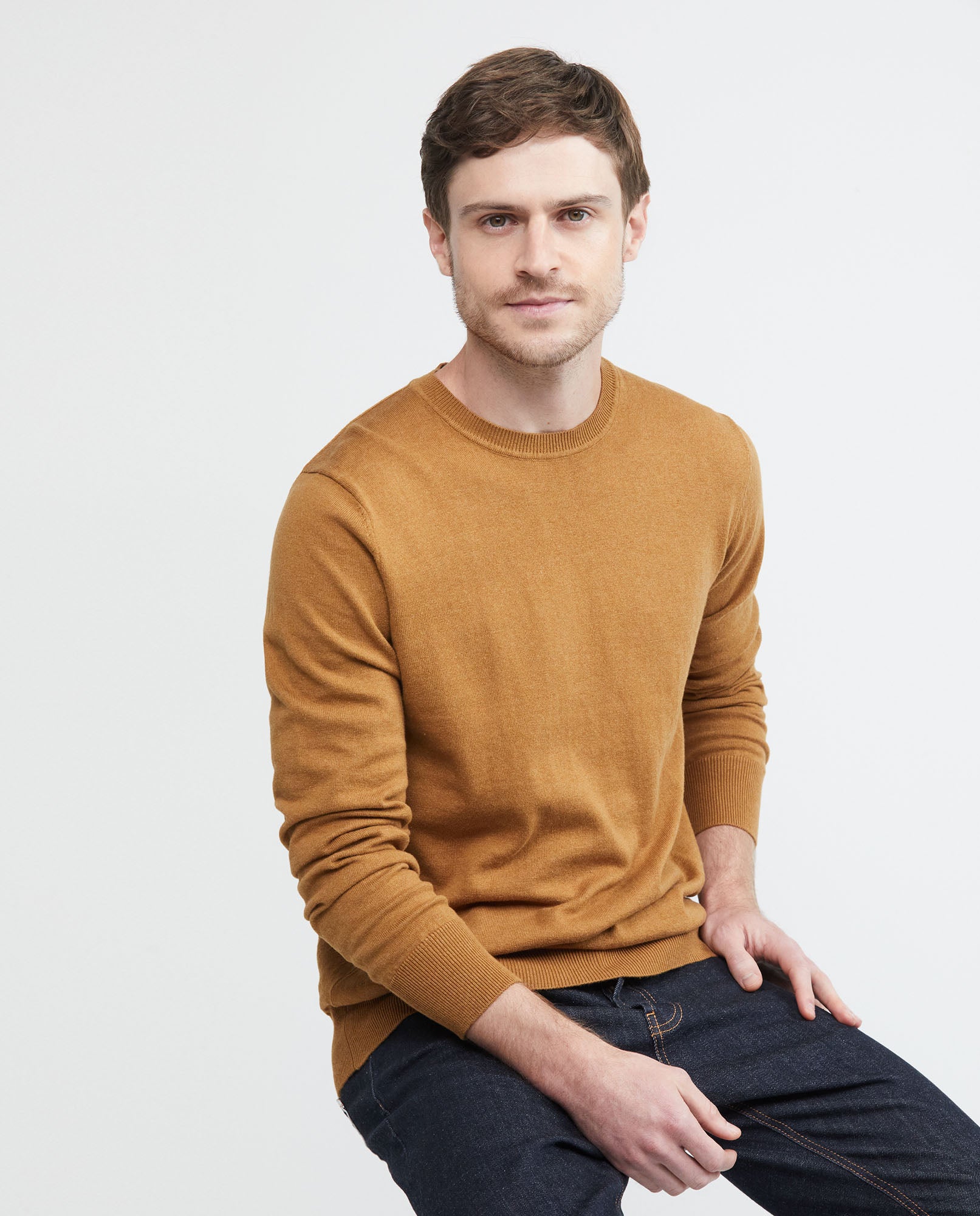 Men's Knitted Sweater, Closed Round Neck - Heather Fibers - Khaki - 1