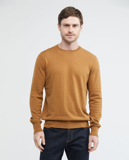 Men's Knitted Sweater, Closed Round Neck - Heather Fibers - Khaki - 2