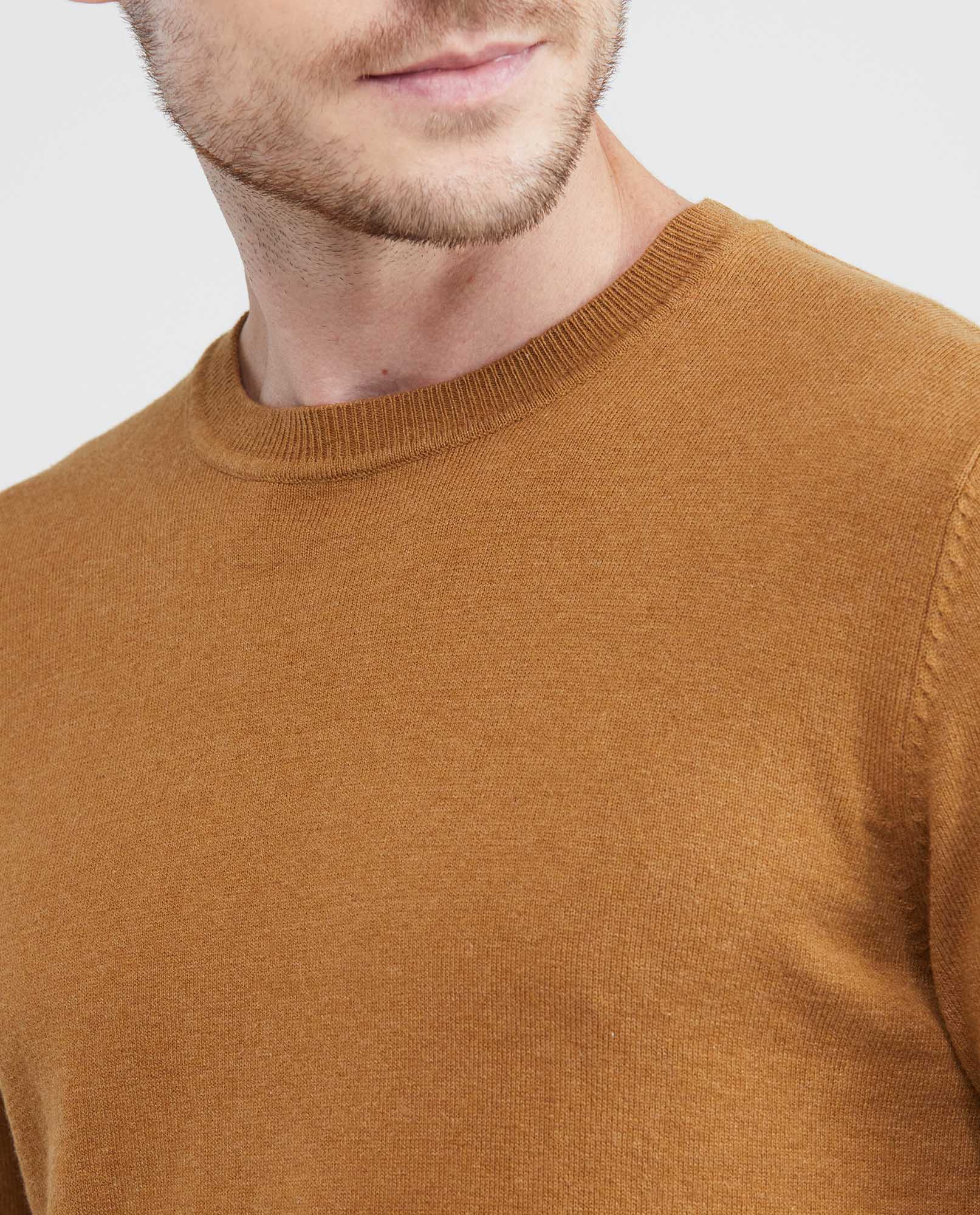 Men's Knitted Sweater, Closed Round Neck - Heather Fibers - Khaki - 3