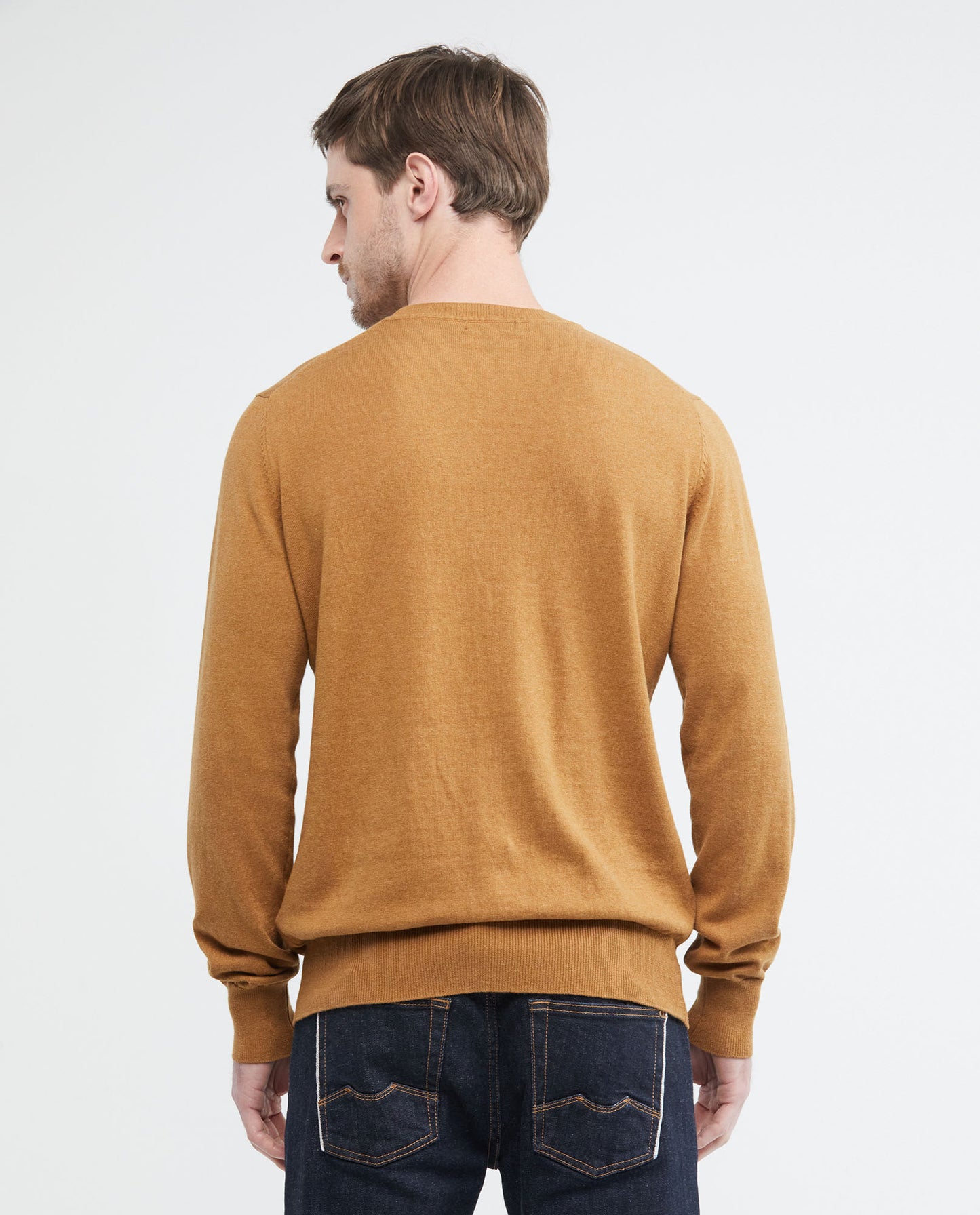 Men's Knitted Sweater, Closed Round Neck - Heather Fibers - Khaki - 5