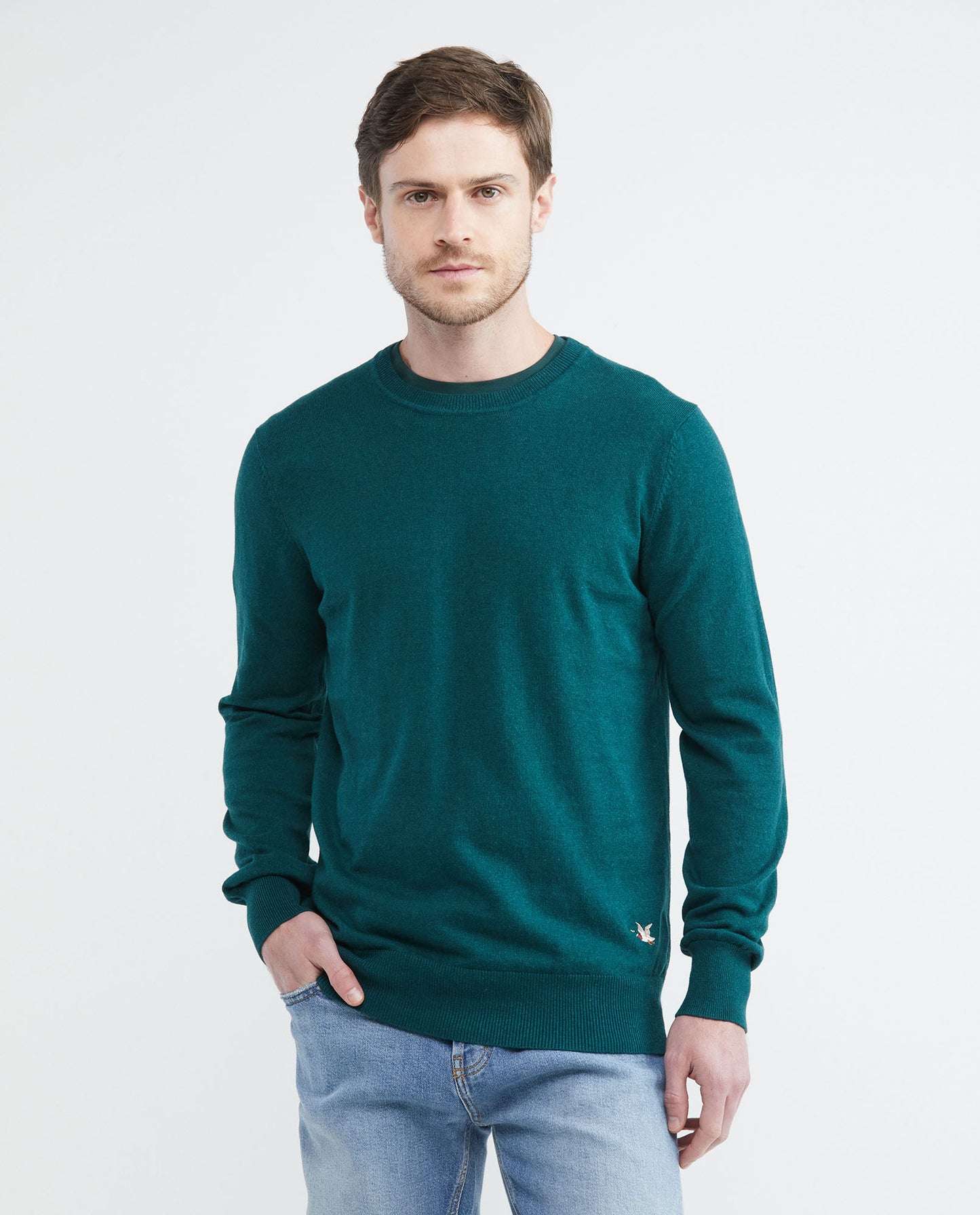 Men's Knitted Sweater, Closed Round Neck - Heather Fibers - Green - 1