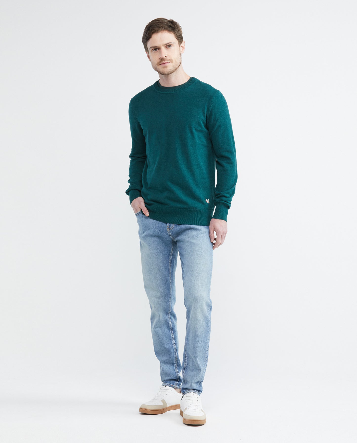 Men's Knitted Sweater, Closed Round Neck - Heather Fibers - Green - 2
