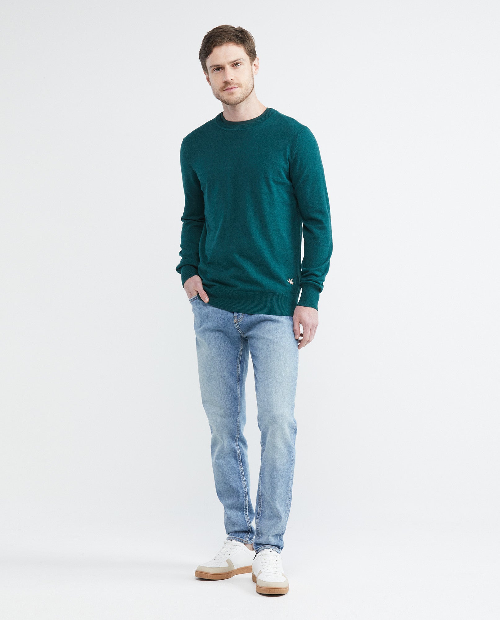 Men's Knitted Sweater, Closed Round Neck - Heather Fibers - Green - 2