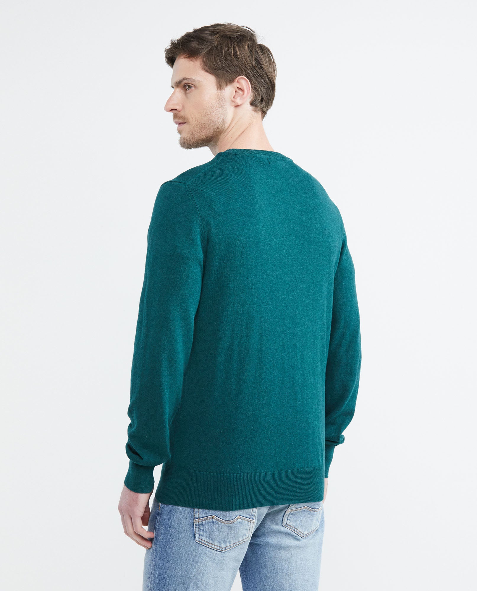 Men's Knitted Sweater, Closed Round Neck - Heather Fibers - Green - 4