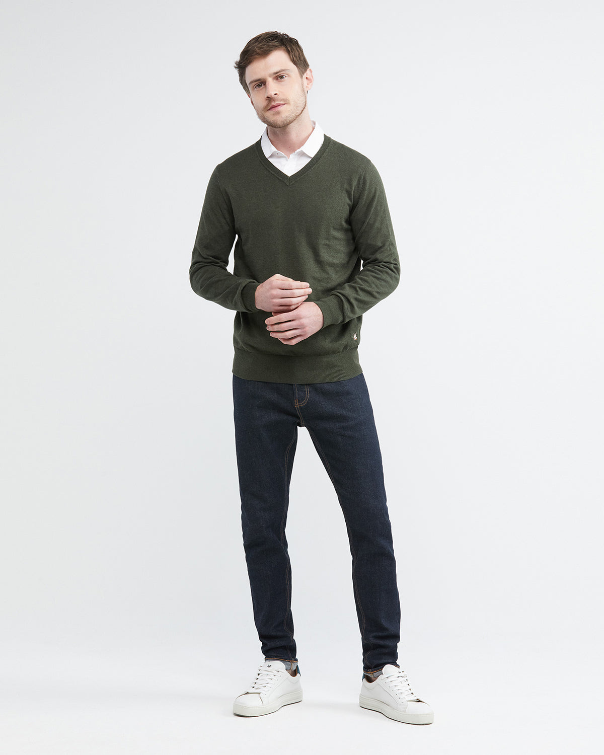 COTTON KNIT V-NECK SWEATER IN GREEN