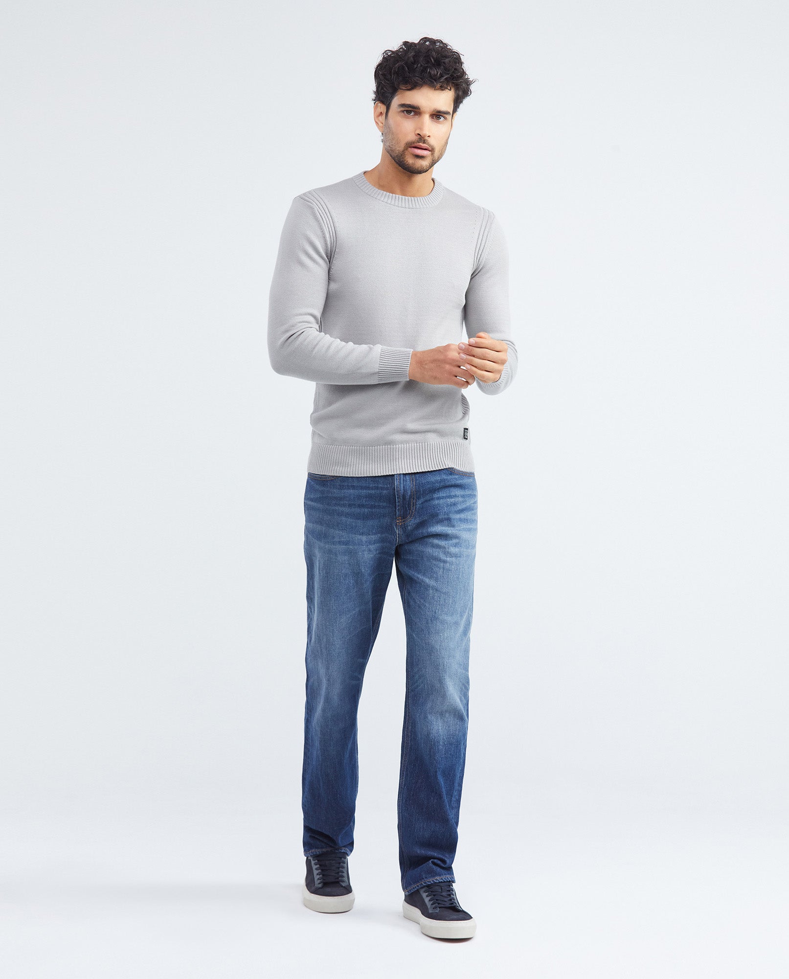 Men's Crew Neck Sweater Jersey Knit Ribbed Side Details 100% Cotton - 2