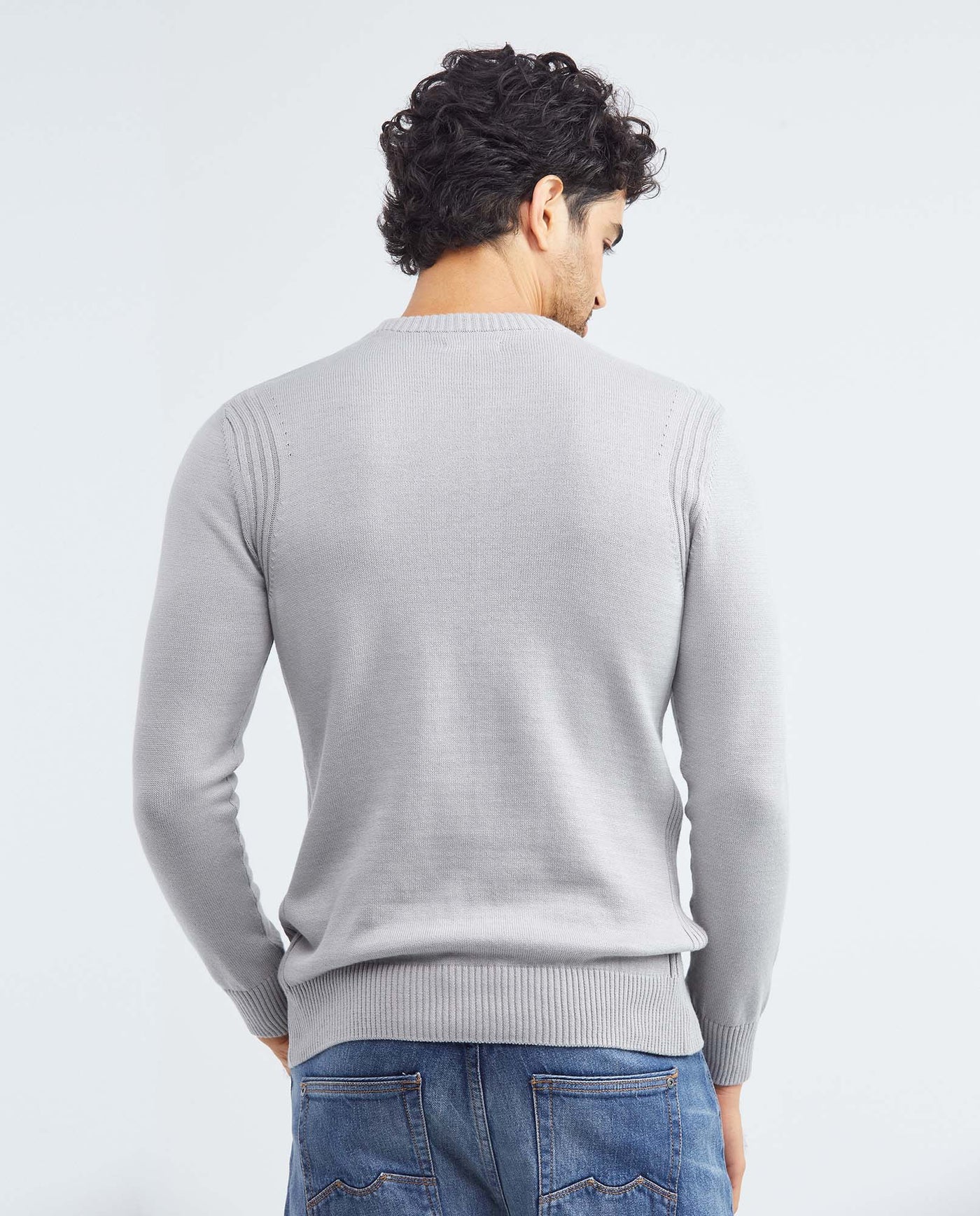 Men's Crew Neck Sweater Jersey Knit Ribbed Side Details 100% Cotton - 5