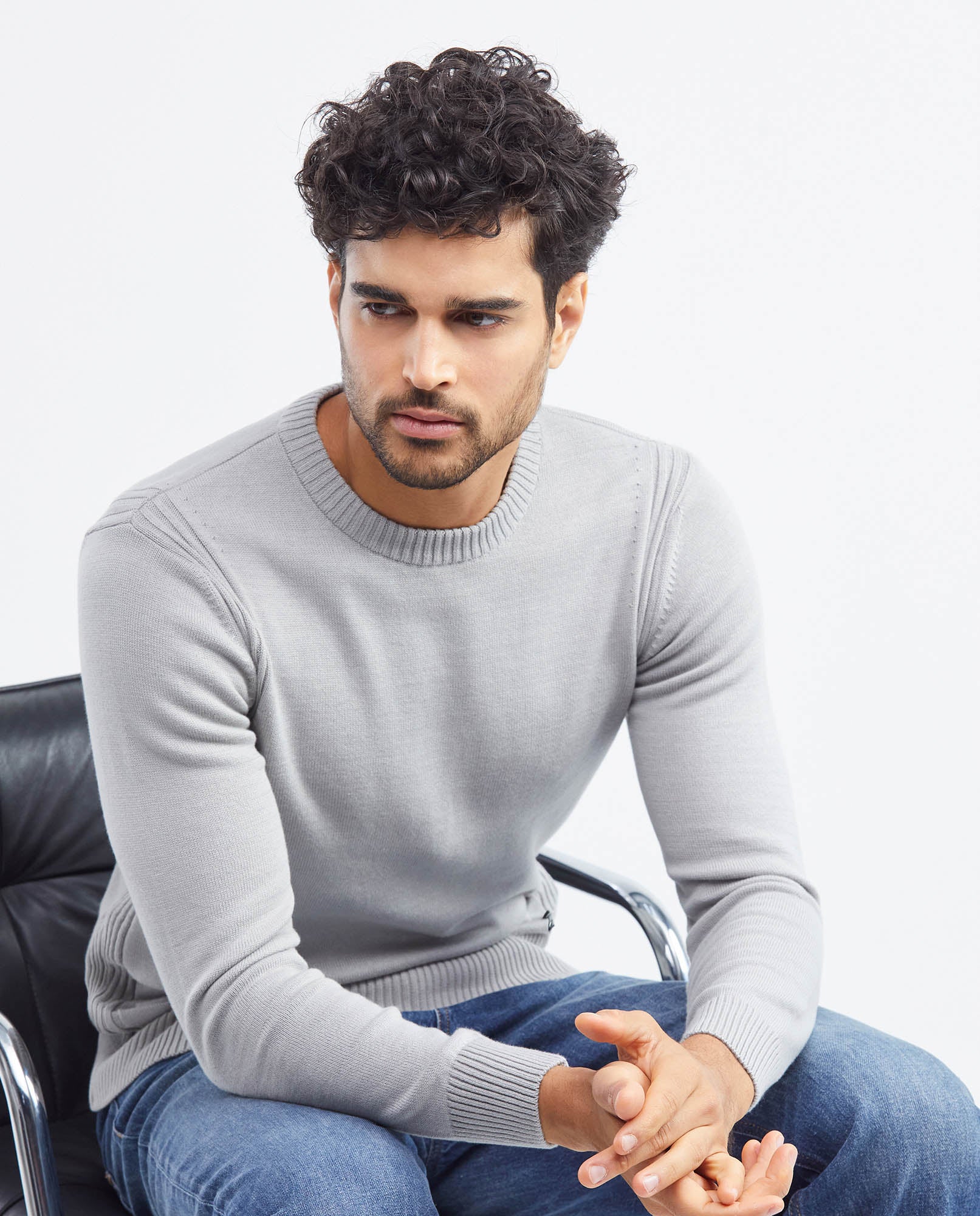 Men's Crew Neck Sweater Jersey Knit Ribbed Side Details 100% Cotton - 7