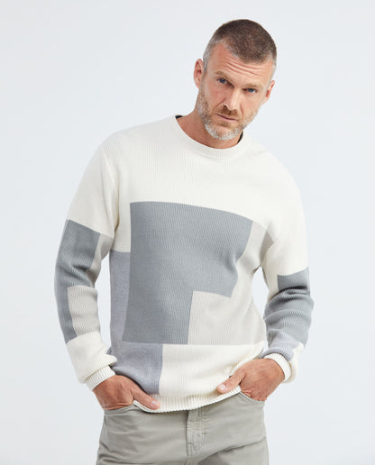 Men's Knitted Sweater, Closed Crew Neck - Ribbed Color Block - Gray - 1