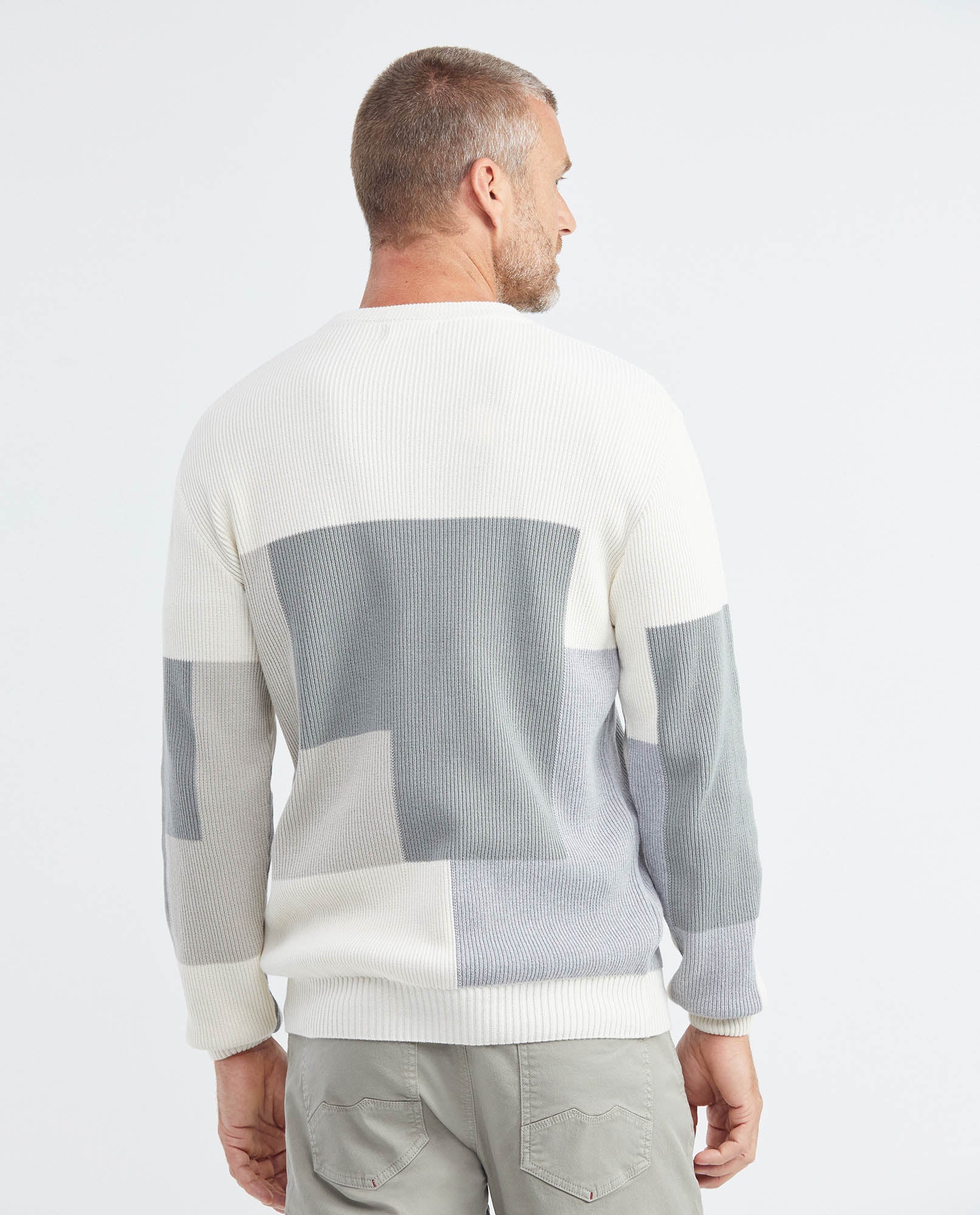 Men's Knitted Sweater, Closed Crew Neck - Ribbed Color Block - Gray - 5