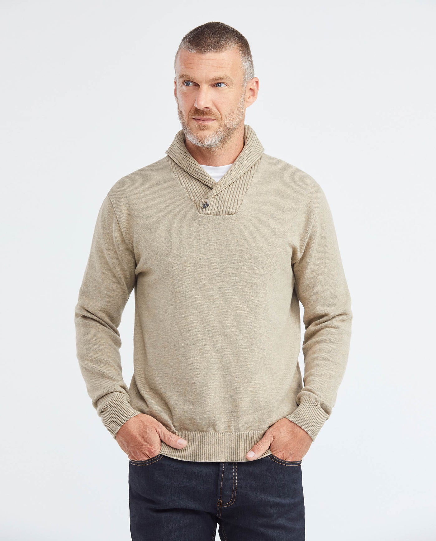 Men's Shawl Collar Sweater Crossed Ribbed 2-Button Jersey Melange - 1