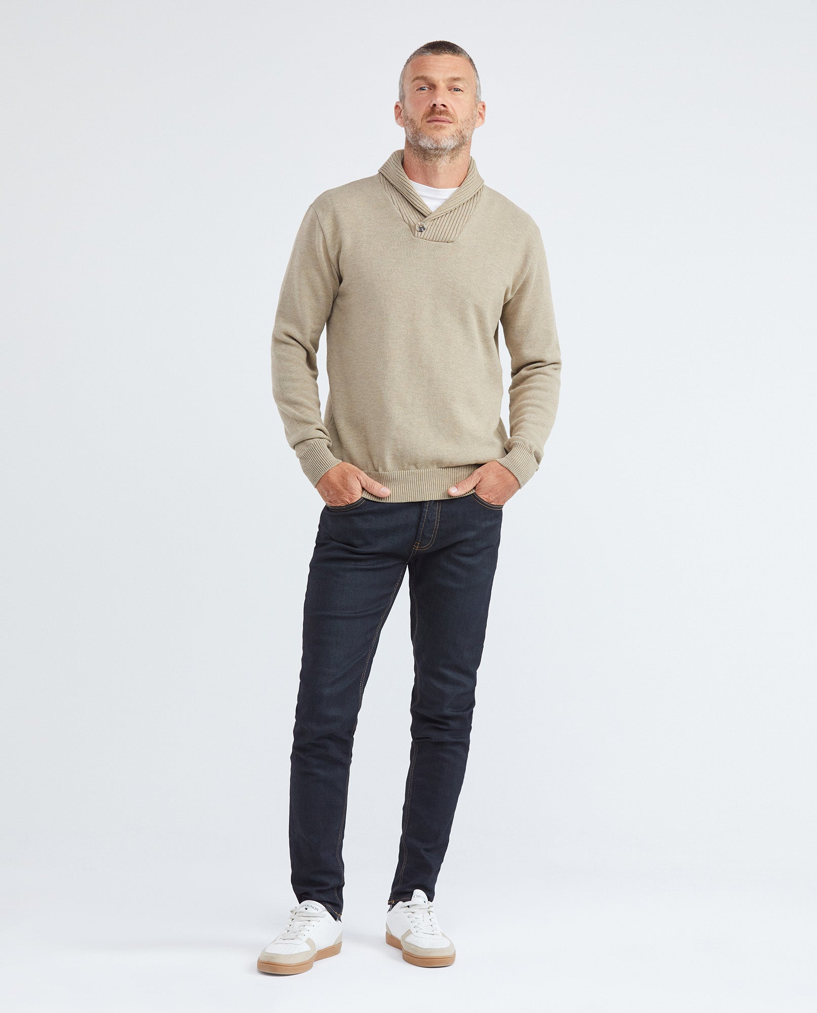 Men's Shawl Collar Sweater Crossed Ribbed 2-Button Jersey Melange - 2