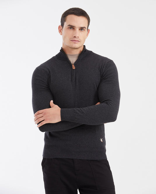 Men's Knit Sweater with Nehru Collar - Black - 1