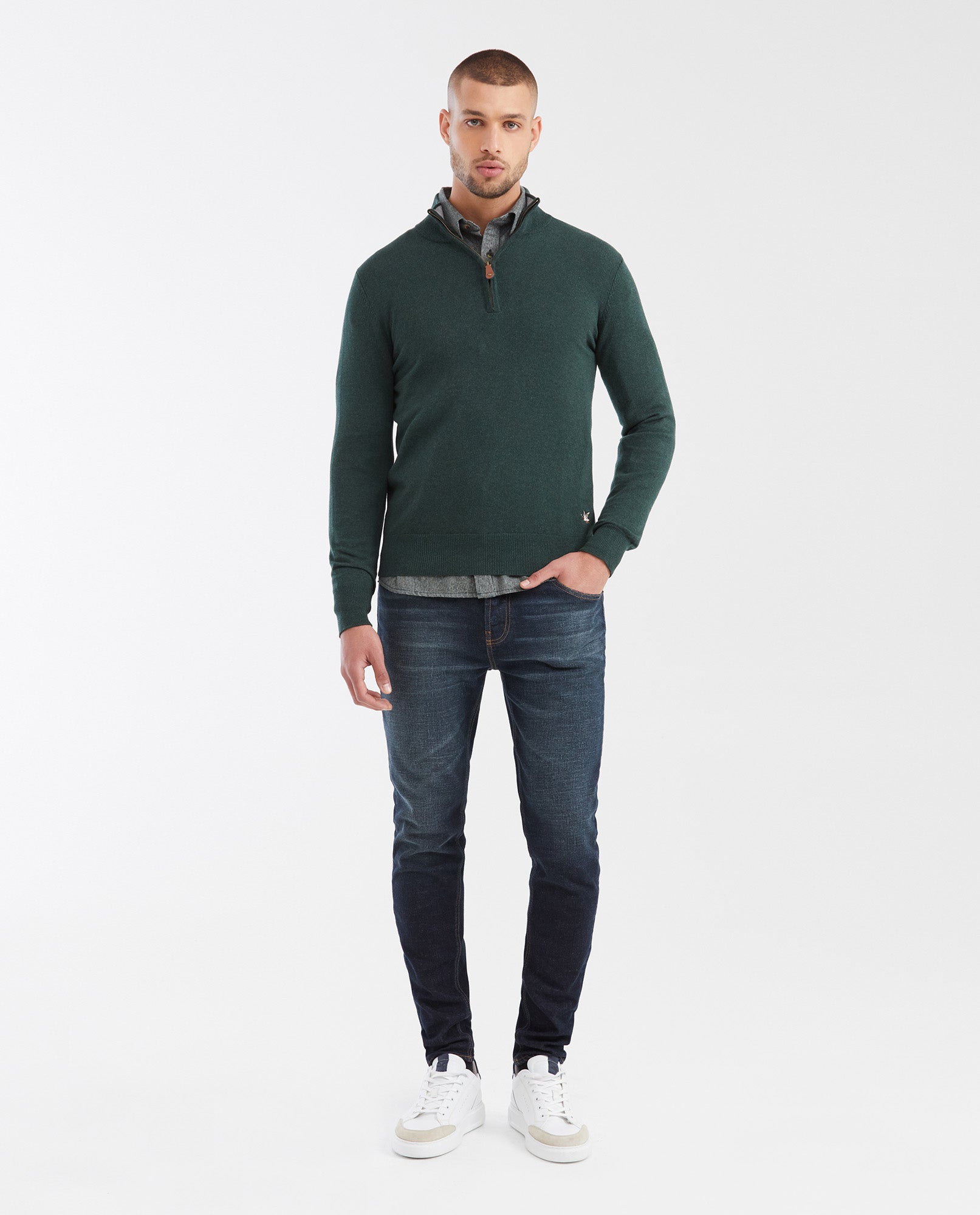 Men's Knit Sweater with Nehru Collar - Green - 2