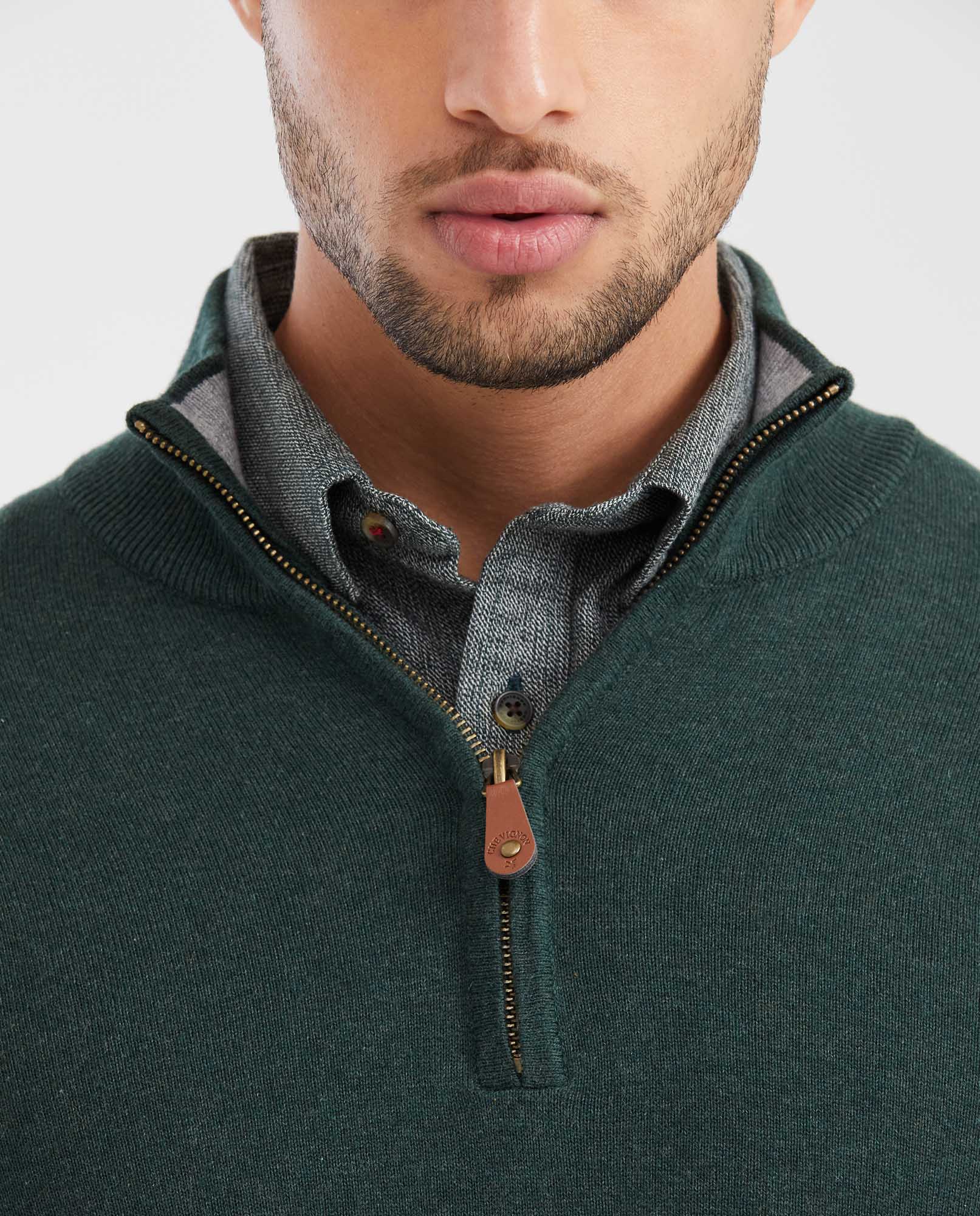 Men's Knit Sweater with Nehru Collar - Green - 3