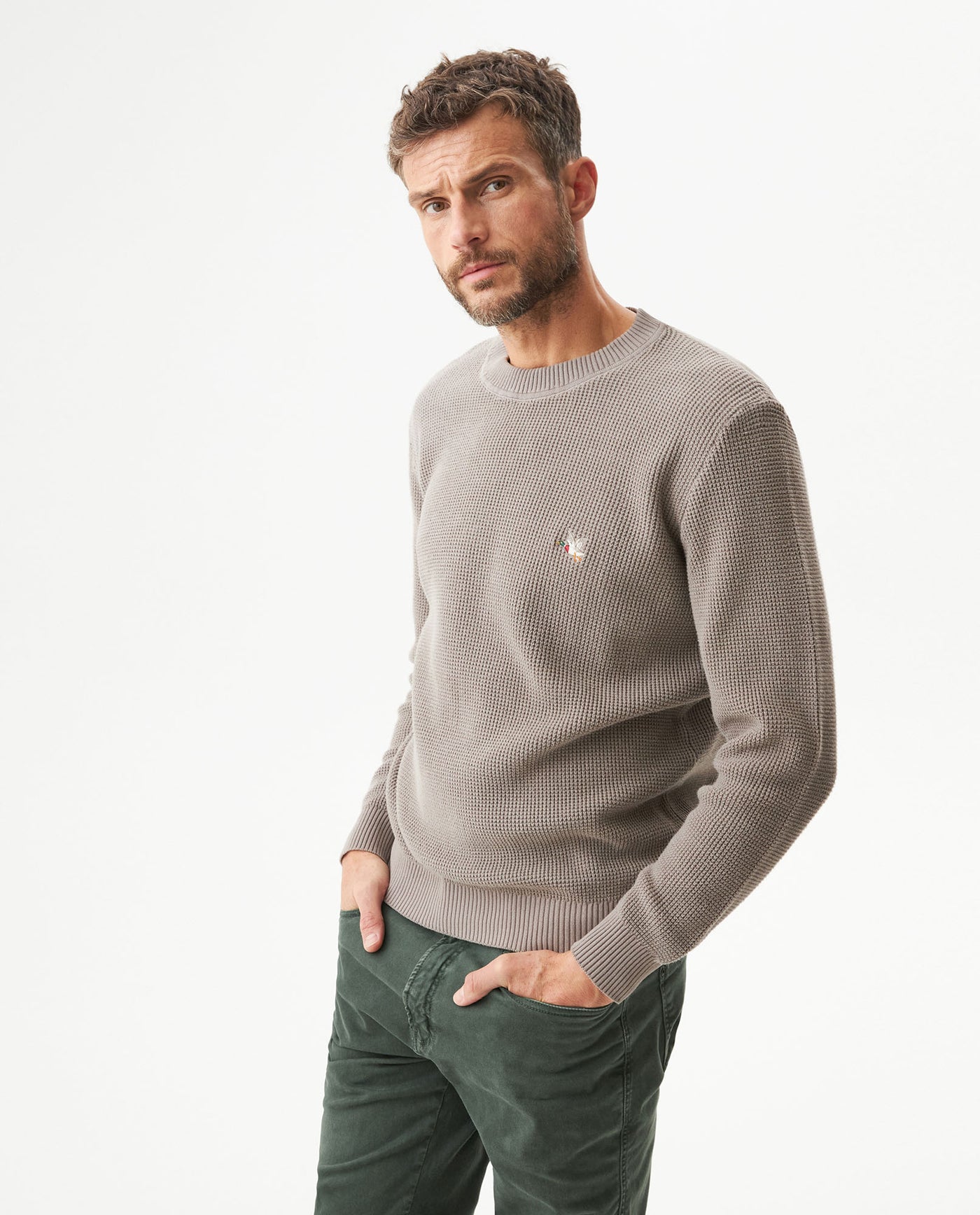 Men's Crewneck Waffle Knit Cotton Sweater - Brown 694G054 - 1