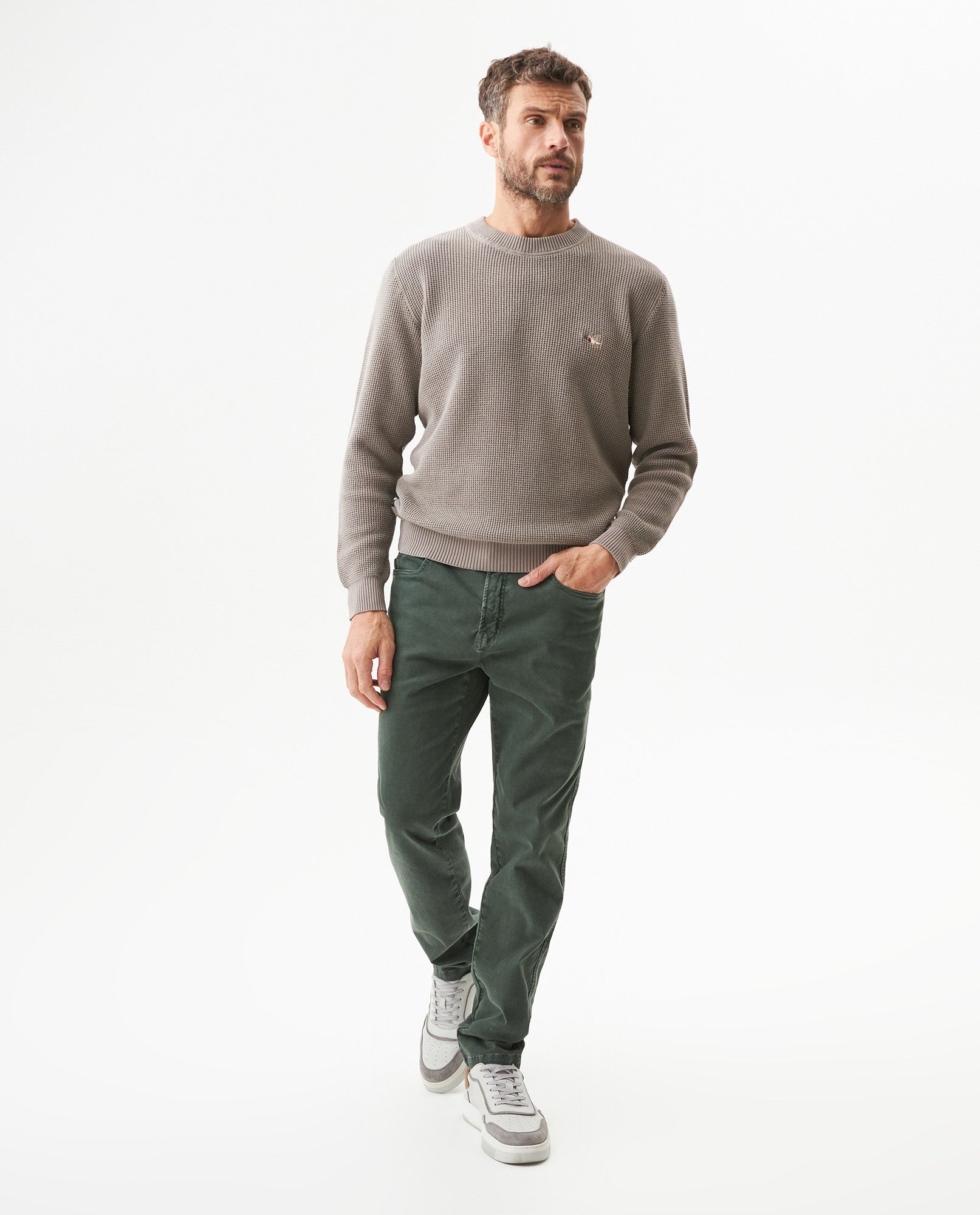 Men's Crewneck Waffle Knit Cotton Sweater - Brown 694G054 - 3