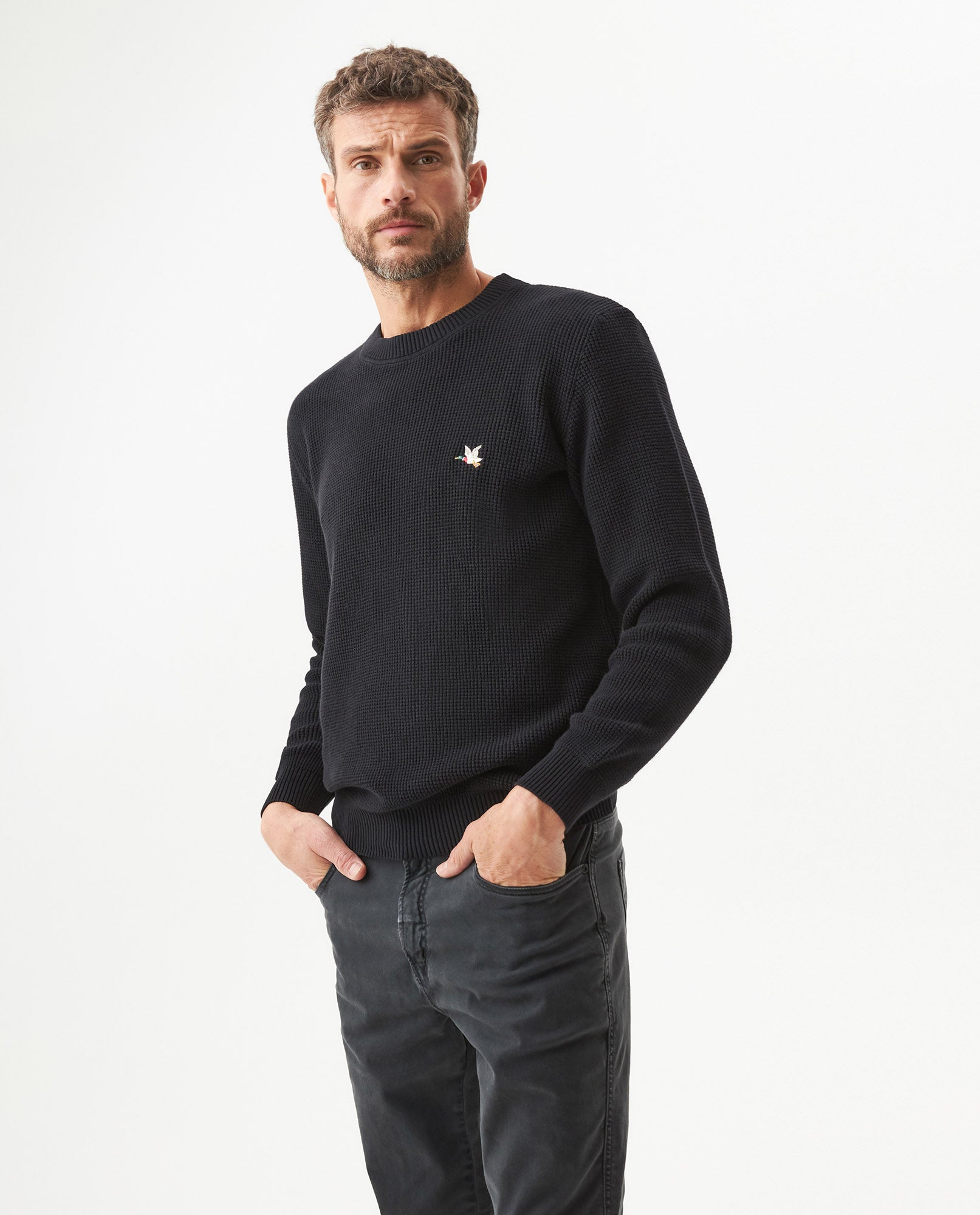 Mens Crewneck Waffle Knit Cotton Sweater - Black 63_694G054_NEG194007_0