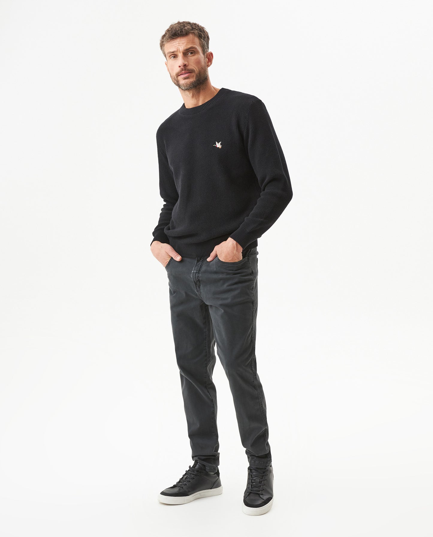 Mens Crewneck Waffle Knit Cotton Sweater - Black 63_694G054_NEG194007_4