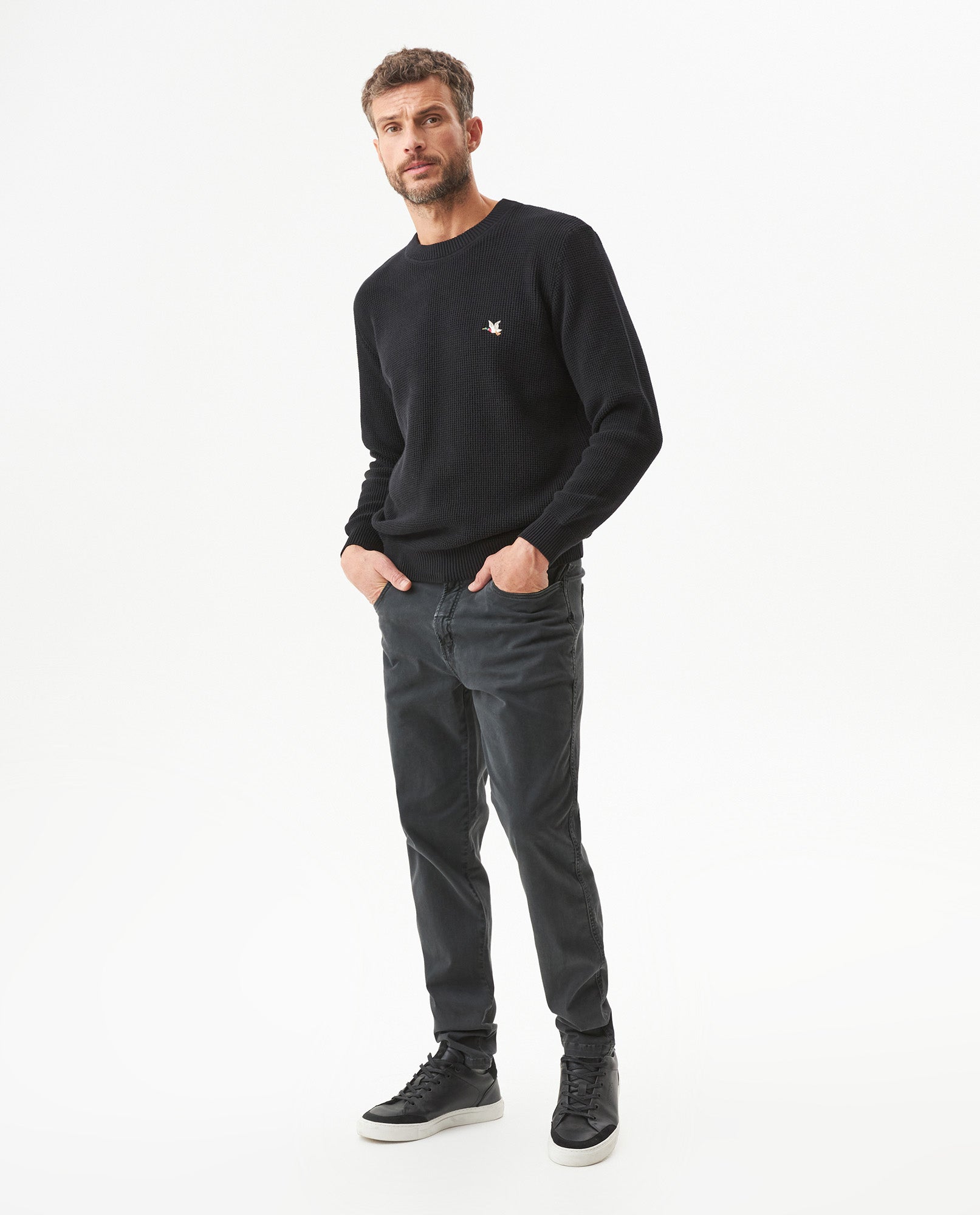 Mens Crewneck Waffle Knit Cotton Sweater - Black 63_694G054_NEG194007_4