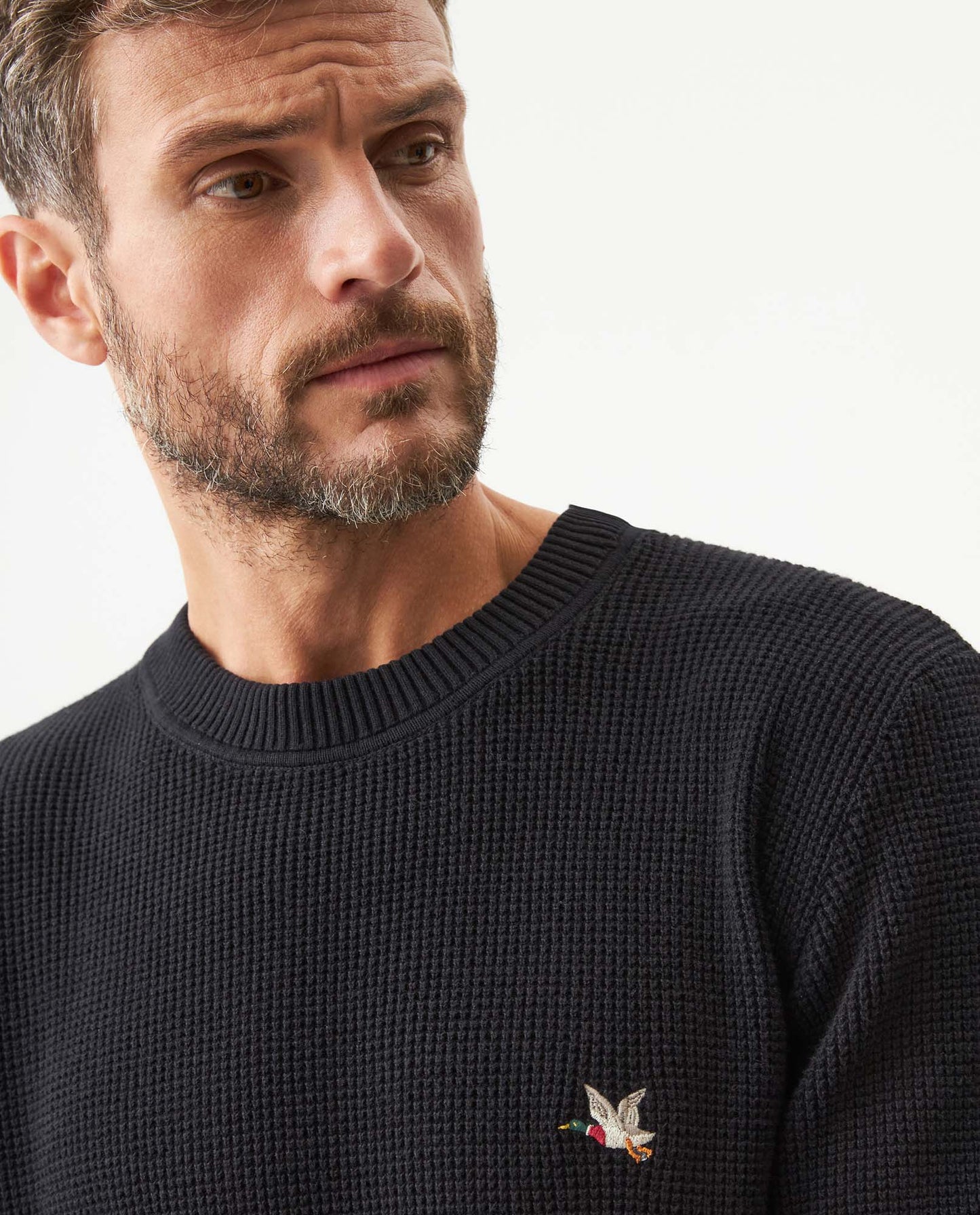 Mens Crewneck Waffle Knit Cotton Sweater - Black 63_694G054_NEG194007_5