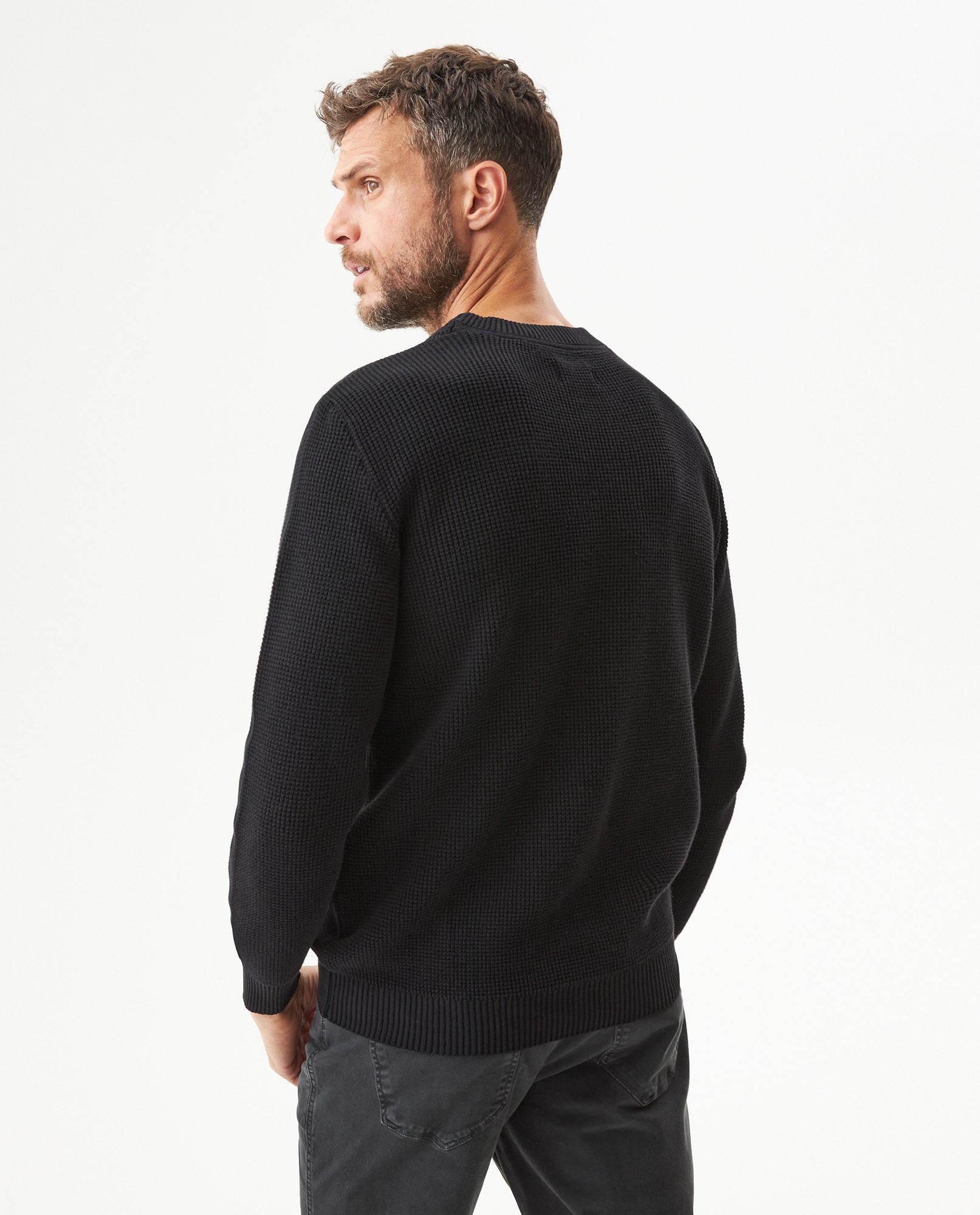 Men's Crewneck Waffle Knit Cotton Sweater - Black 694G054 - 5