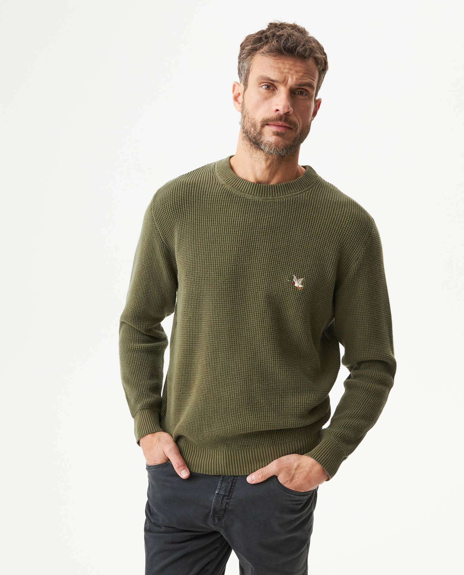 Men's Crewneck Waffle Knit Cotton Sweater - Green 694G054 - 1