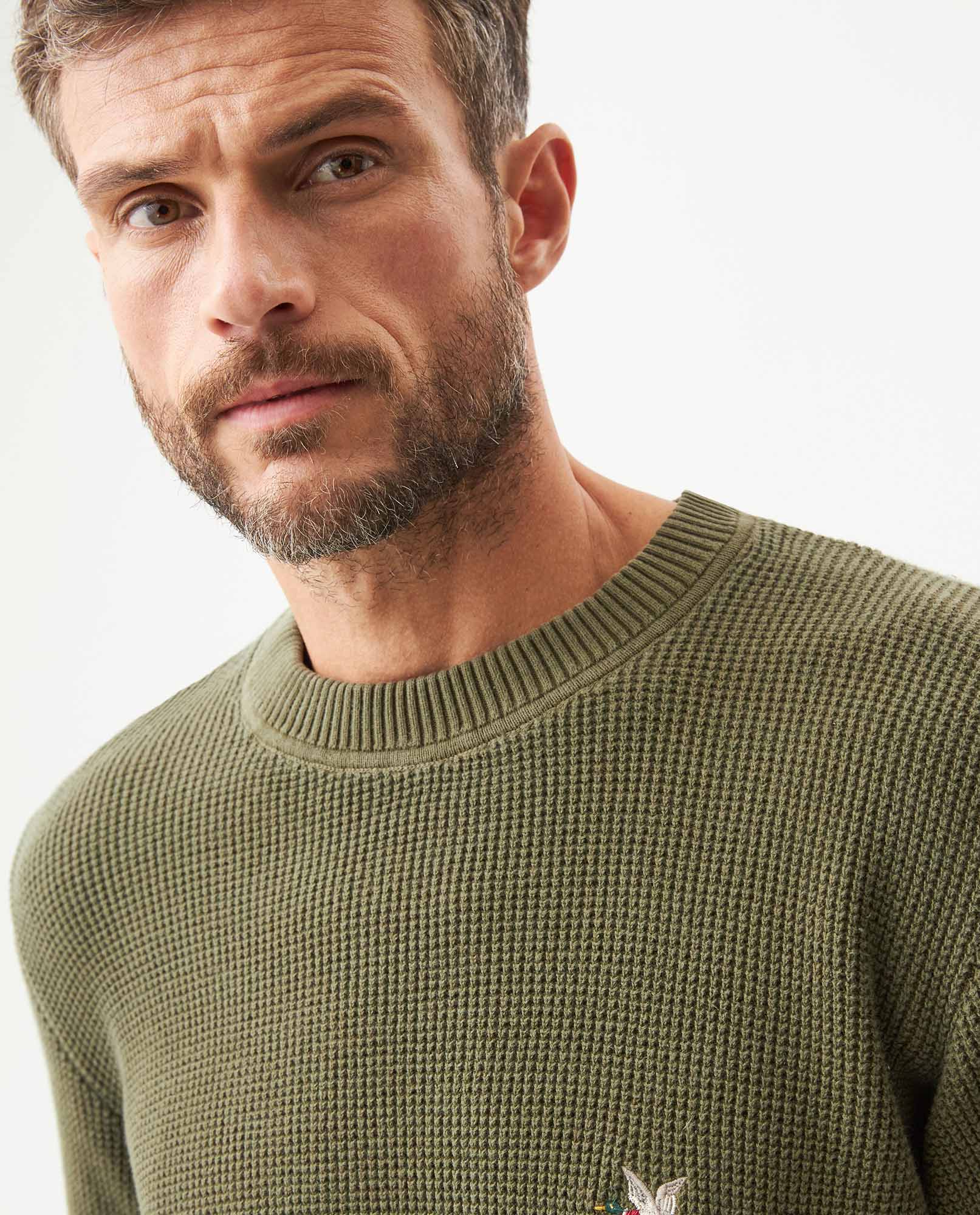 Men's Crewneck Waffle Knit Cotton Sweater - Green 694G054 - 4