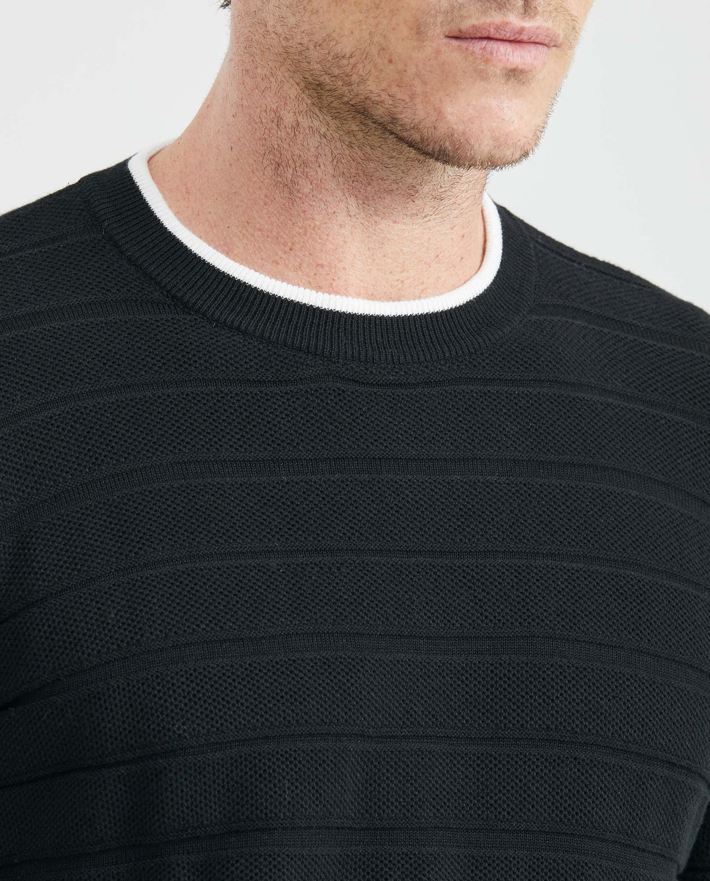 Men's Crew Neck Striped Sweater Mixed Stitch Texture Contrast Details 100% Cotton - 3