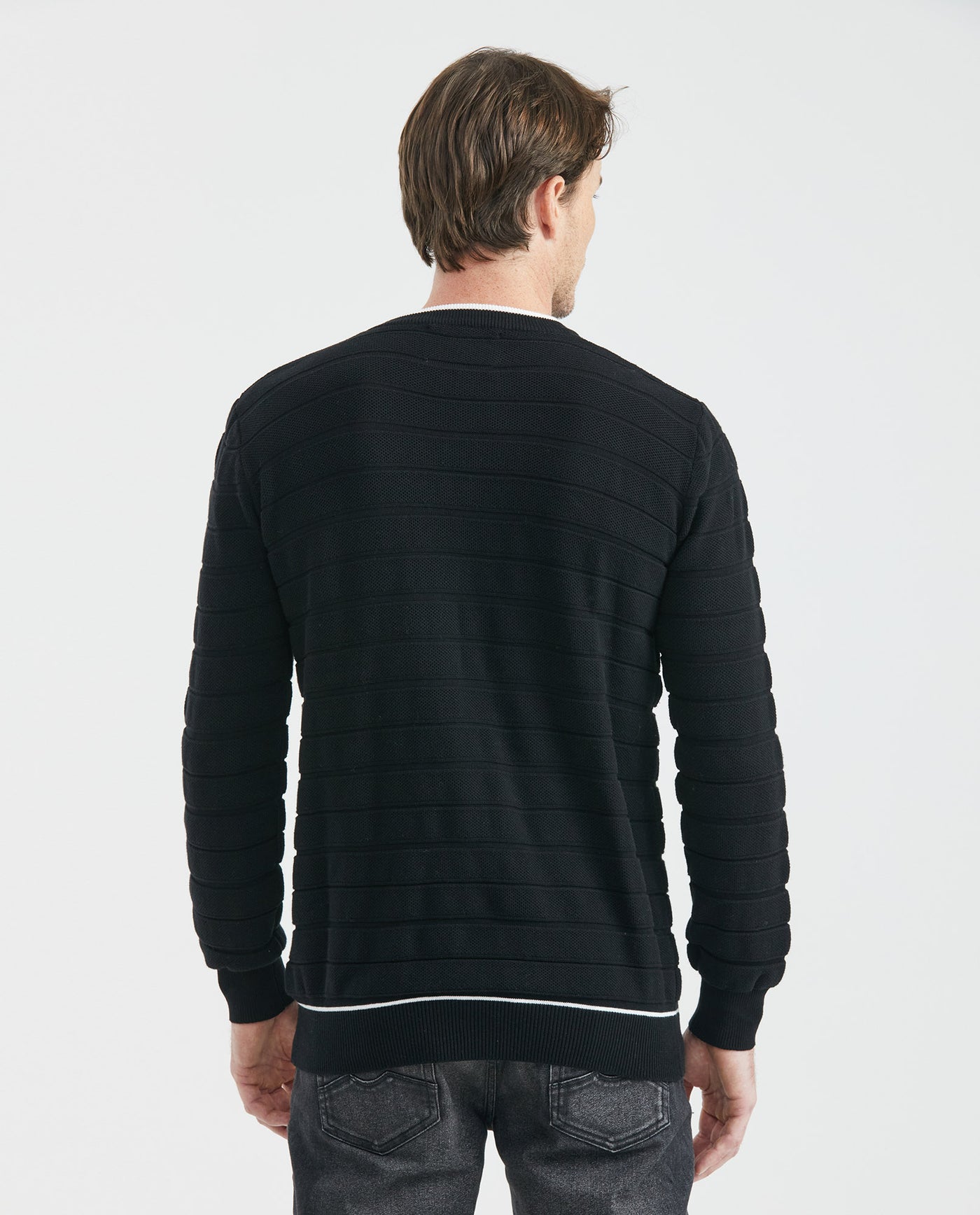 Men's Crew Neck Striped Sweater Mixed Stitch Texture Contrast Details 100% Cotton - 5