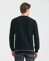 Men's Crew Neck Striped Sweater Mixed Stitch Texture Contrast Details 100% Cotton - 5