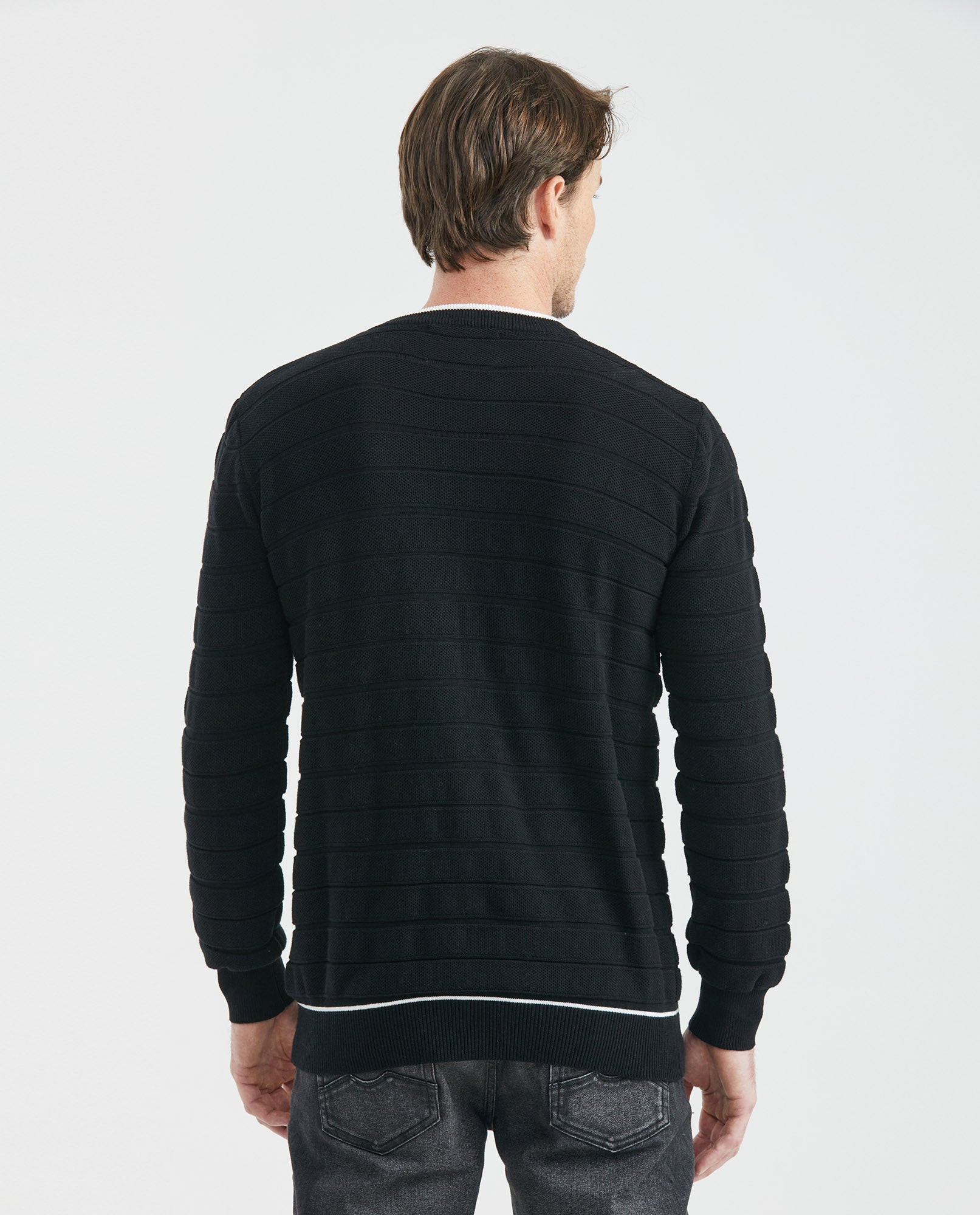 Men's Crew Neck Striped Sweater Mixed Stitch Texture Contrast Details 100% Cotton - 5
