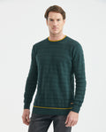 Men's Crew Neck Striped Sweater Mixed Stitch Texture Contrast Details 100% Cotton - 1