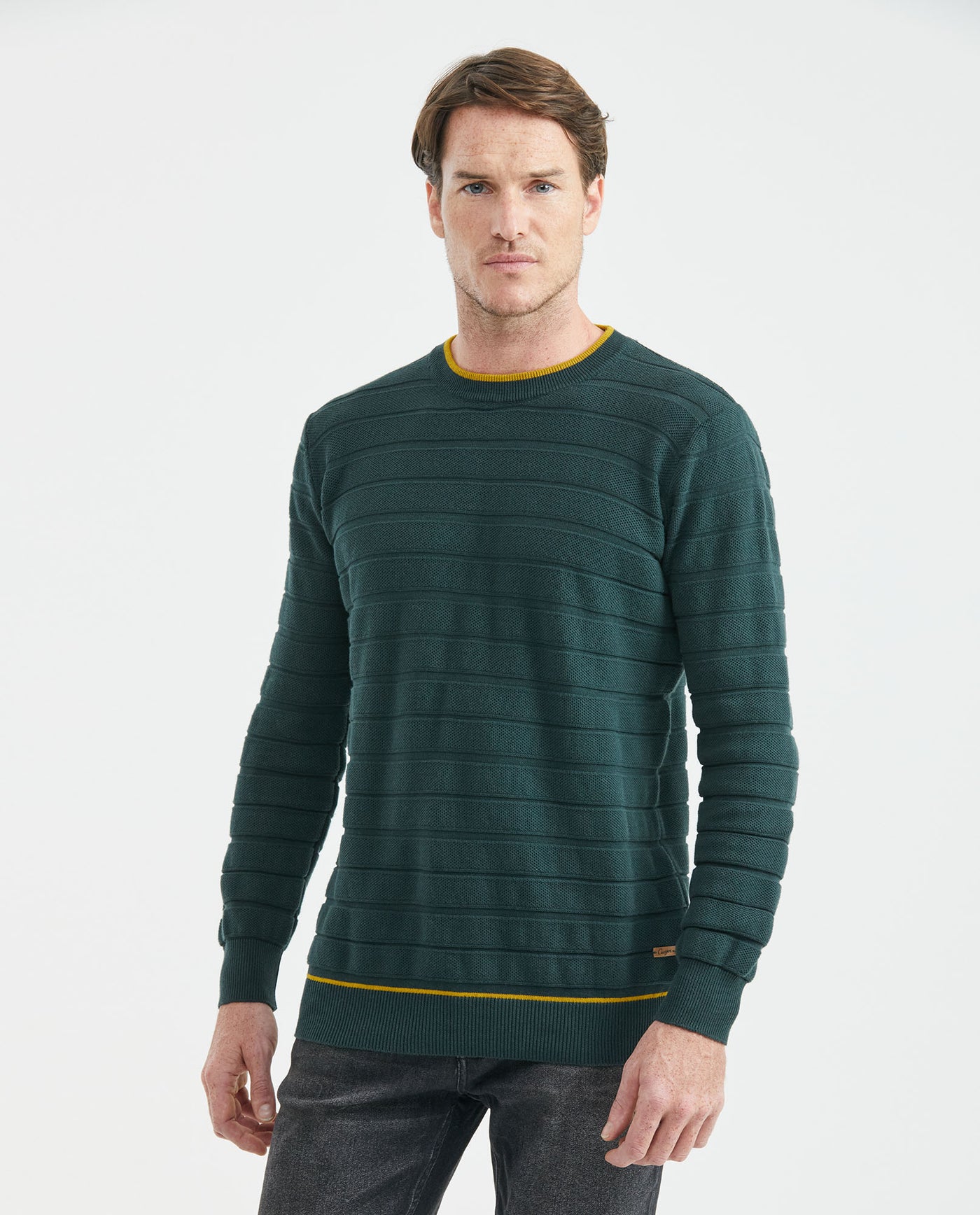 Men's Crew Neck Striped Sweater Mixed Stitch Texture Contrast Details 100% Cotton - 1