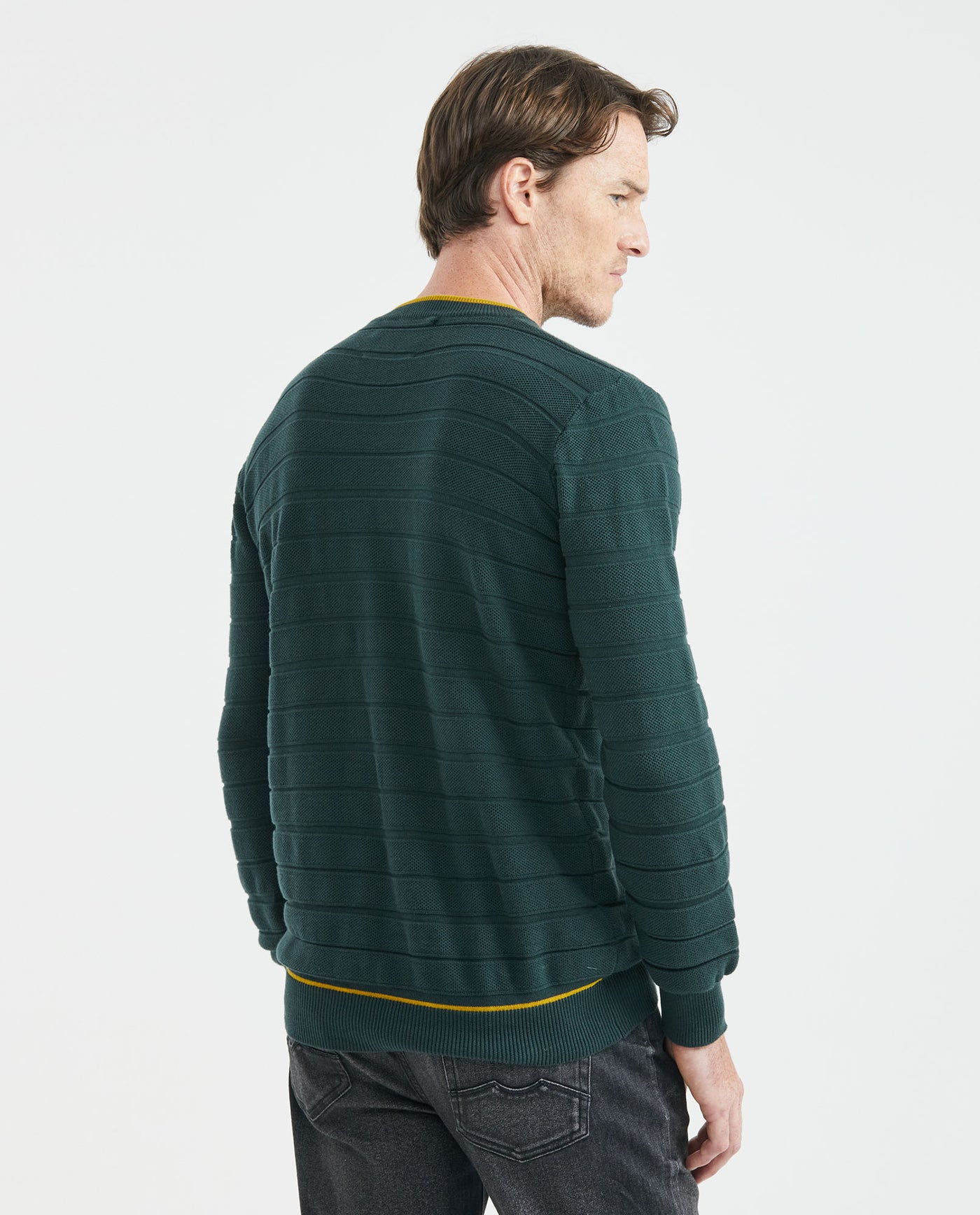 Men's Crew Neck Striped Sweater Mixed Stitch Texture Contrast Details 100% Cotton - 4