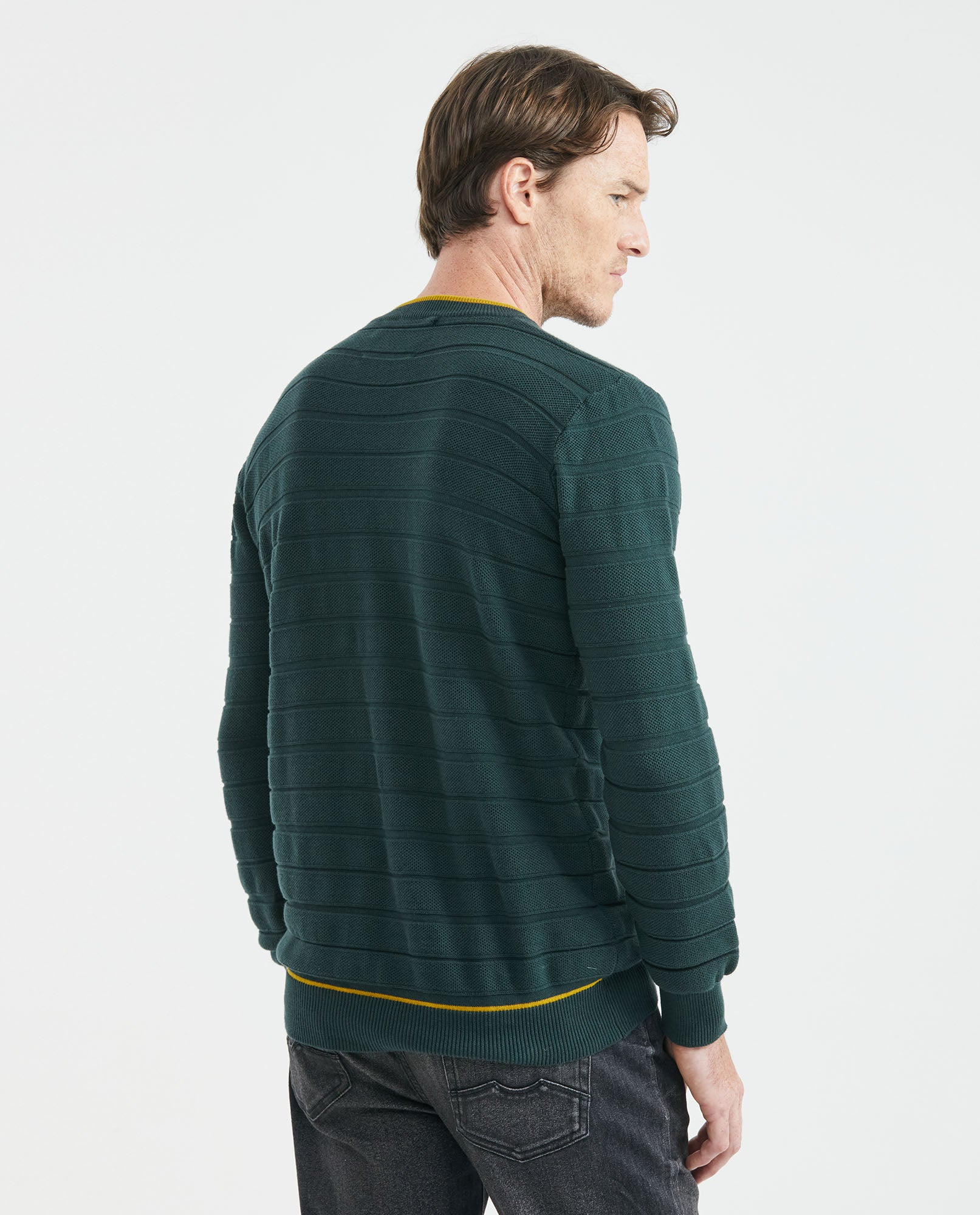 Men's Crew Neck Striped Sweater Mixed Stitch Texture Contrast Details 100% Cotton - 4