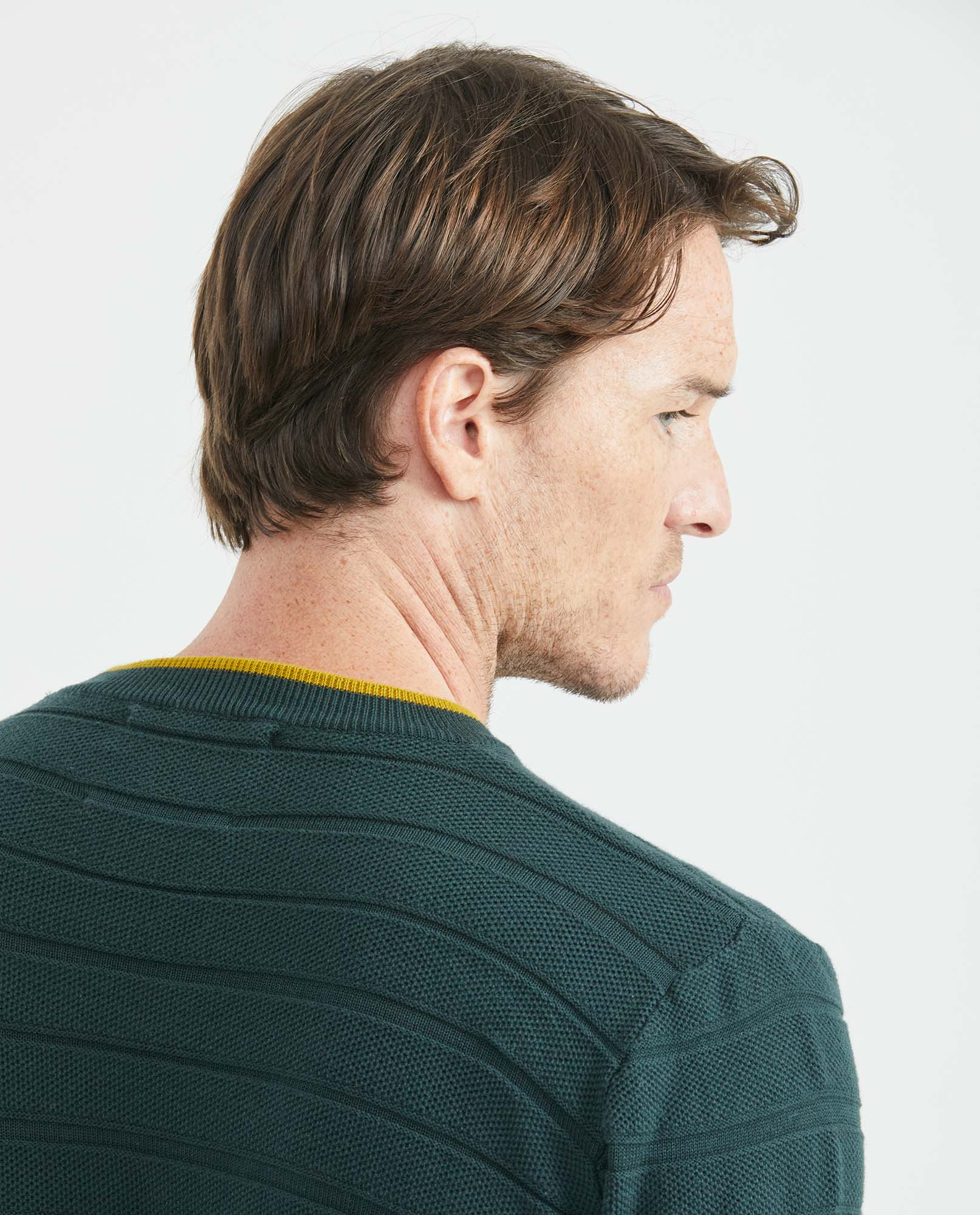 Men's Crew Neck Striped Sweater Mixed Stitch Texture Contrast Details 100% Cotton - 5