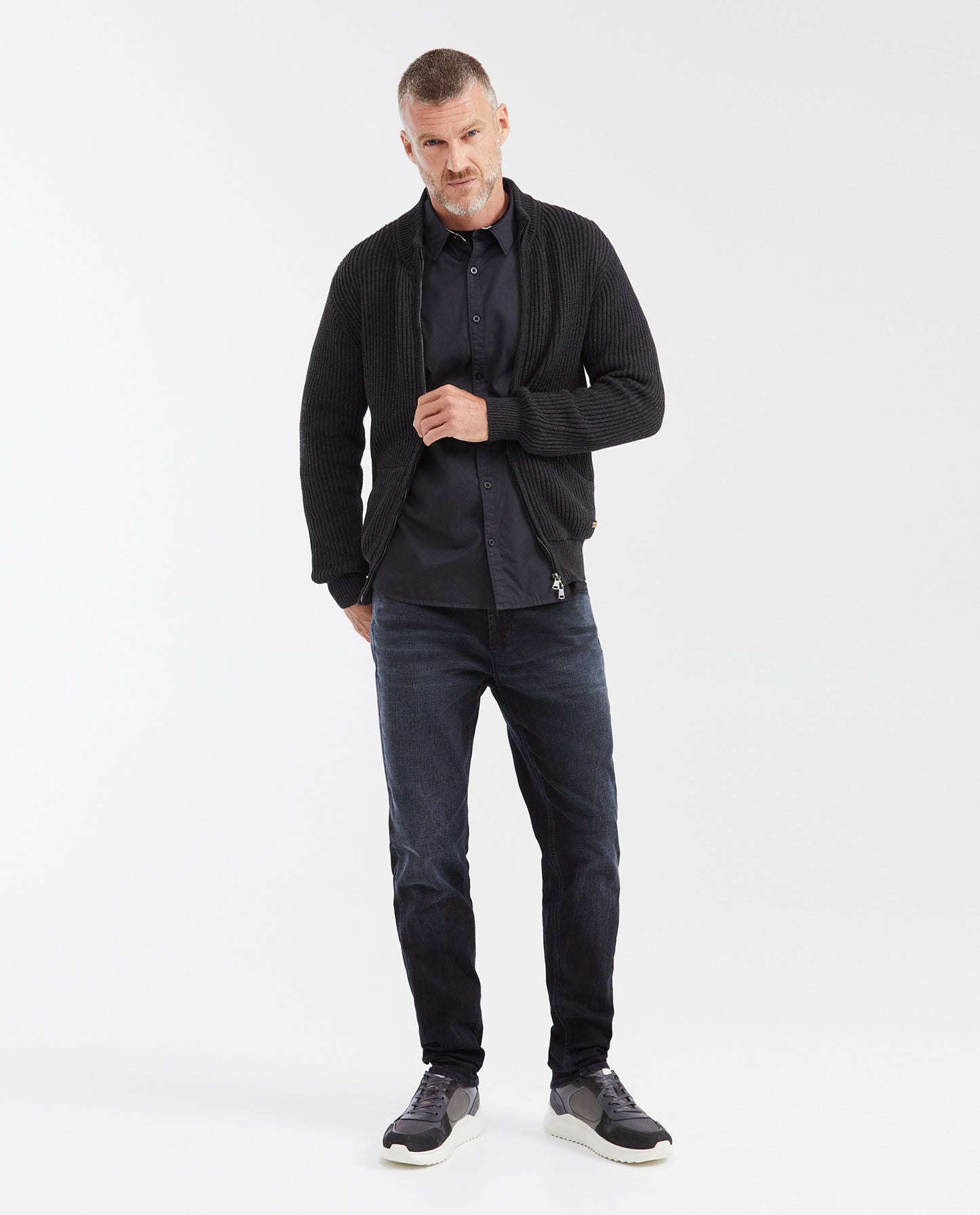 Men's Ribbed Zip - Up Sweater with High Collar, Moonlight - Black - 2