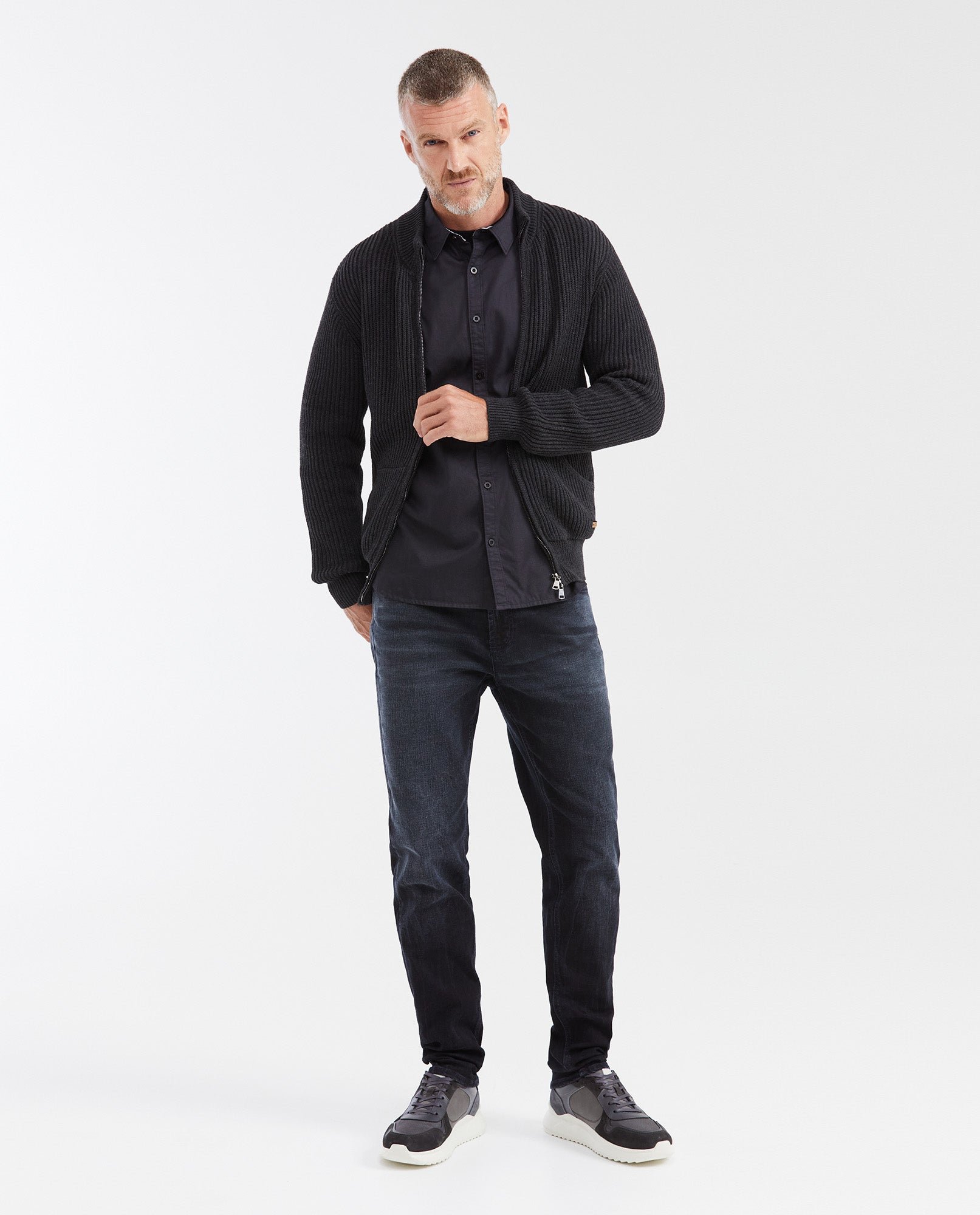 Men's Ribbed Zip - Up Sweater with High Collar, Moonlight - Black - 2