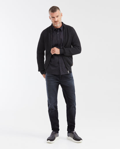 Men's Ribbed Zip - Up Sweater with High Collar, Moonlight - Black - 2