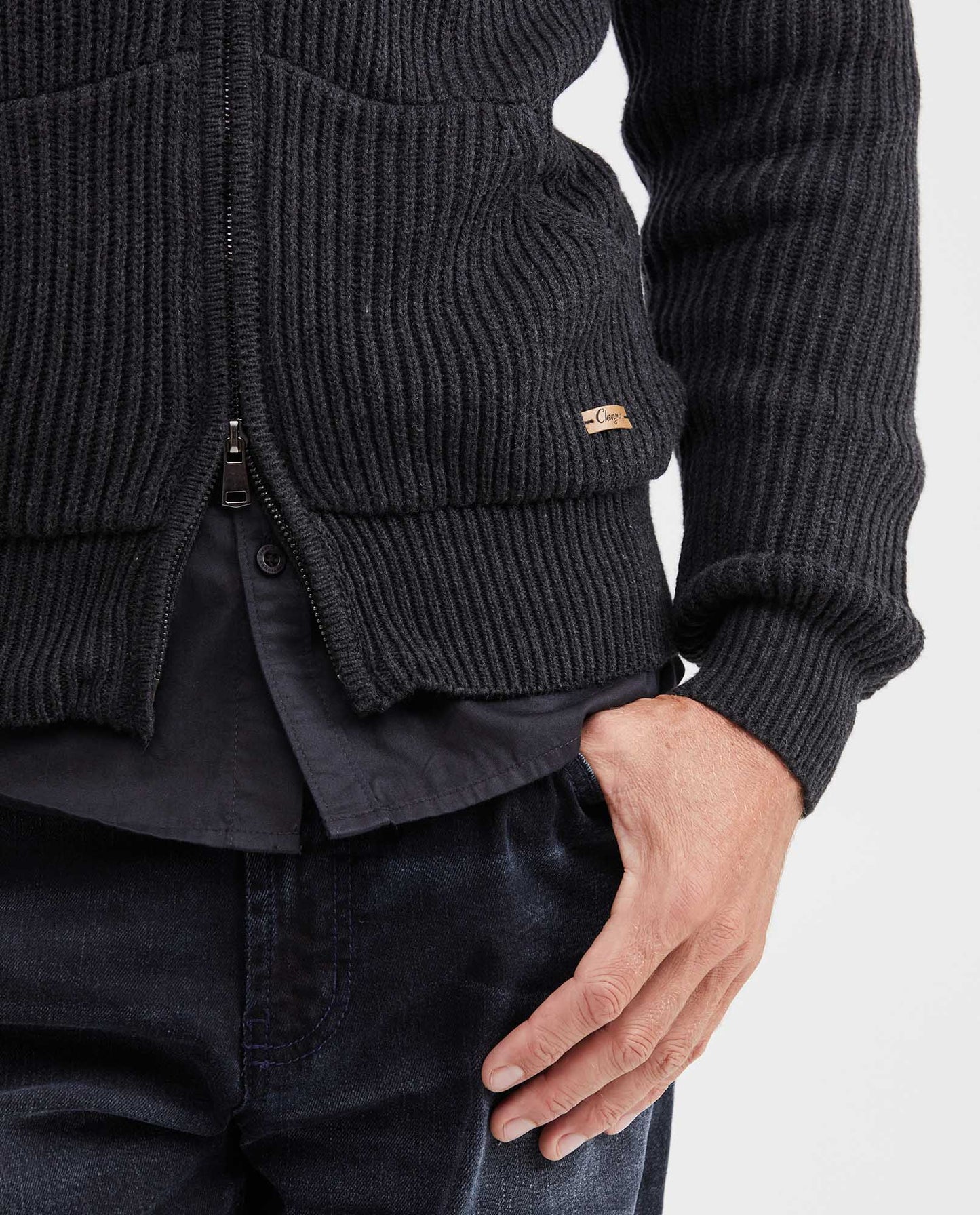 Men's Ribbed Zip - Up Sweater with High Collar, Moonlight - Black - 4