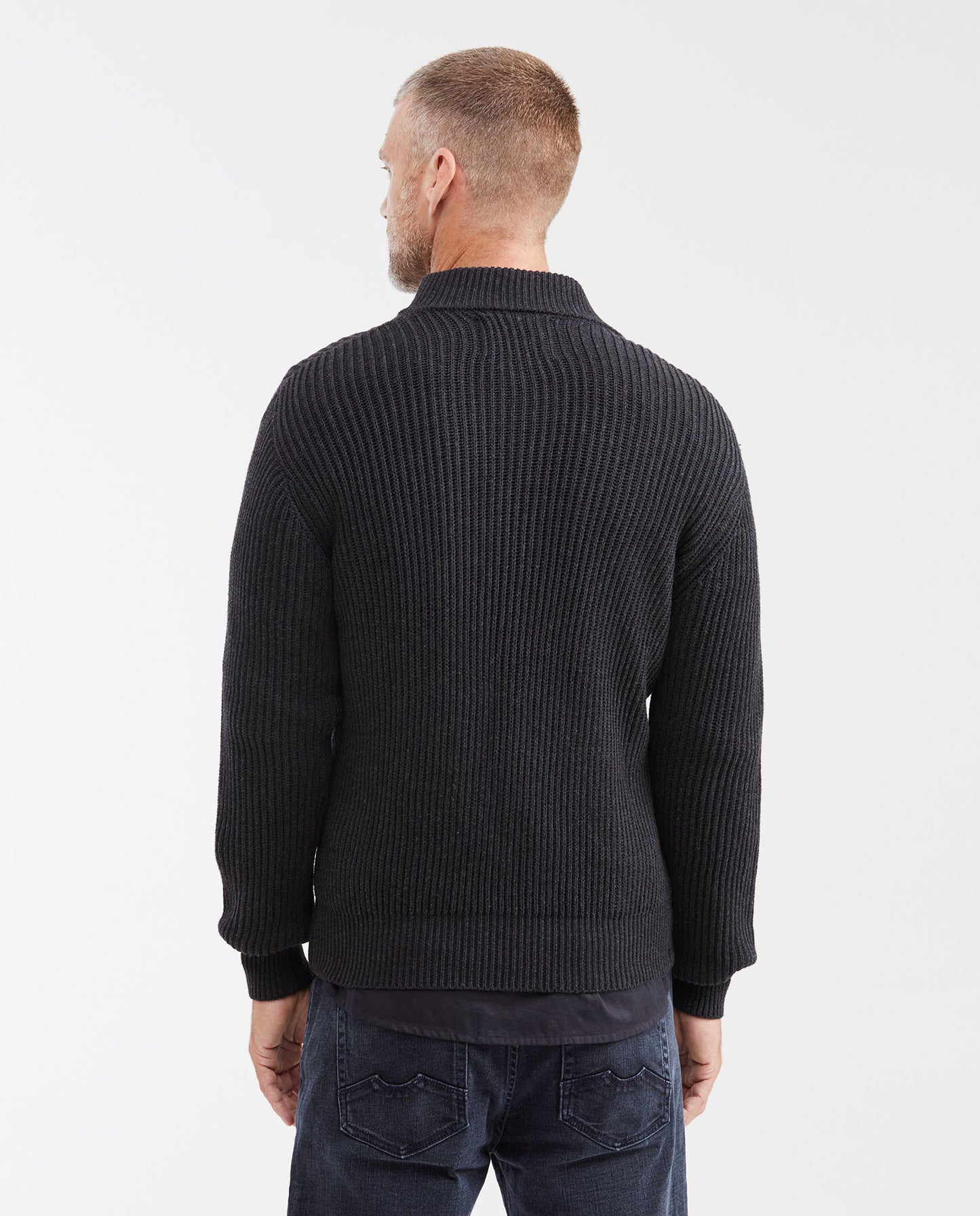 Men's Ribbed Zip - Up Sweater with High Collar, Moonlight - Black - 5