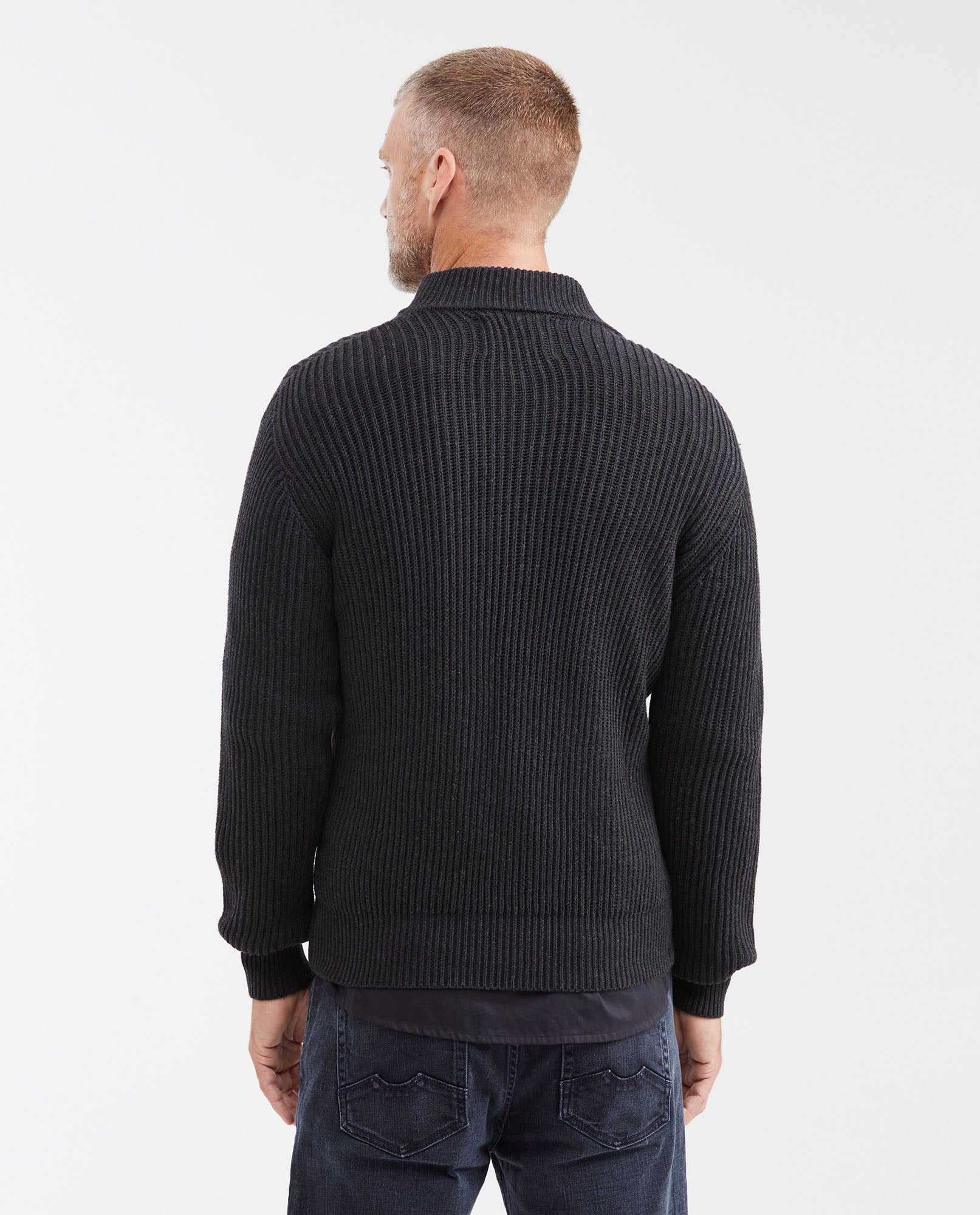 Men's Ribbed Zip - Up Sweater with High Collar, Moonlight - Black - 5