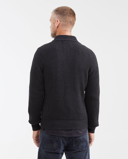 Men's Ribbed Zip - Up Sweater with High Collar, Moonlight - Black - 5