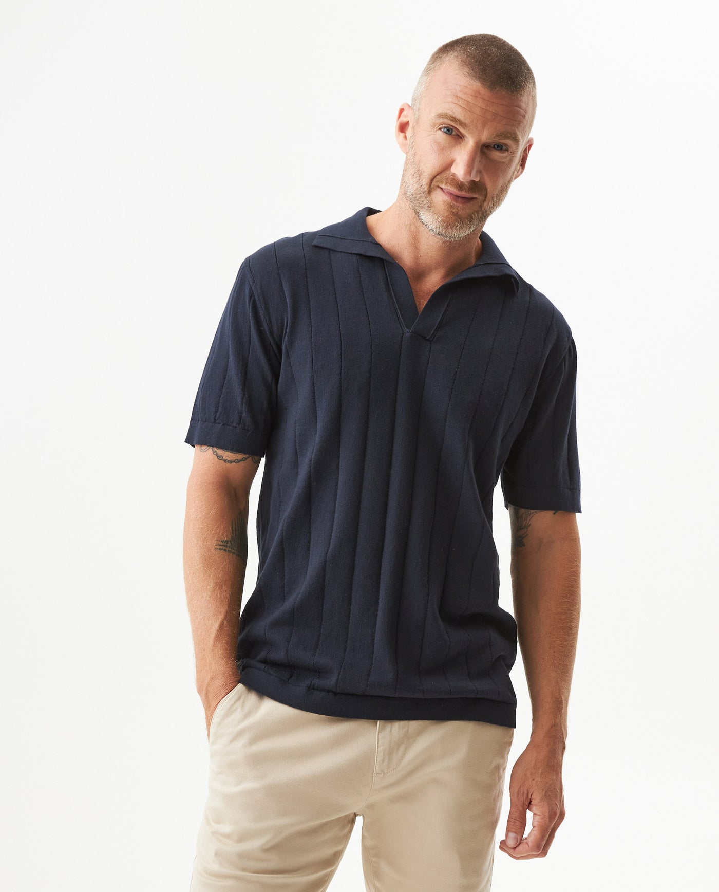 Men's Perforated Vertical Channel Knit Polo, Glow - 2