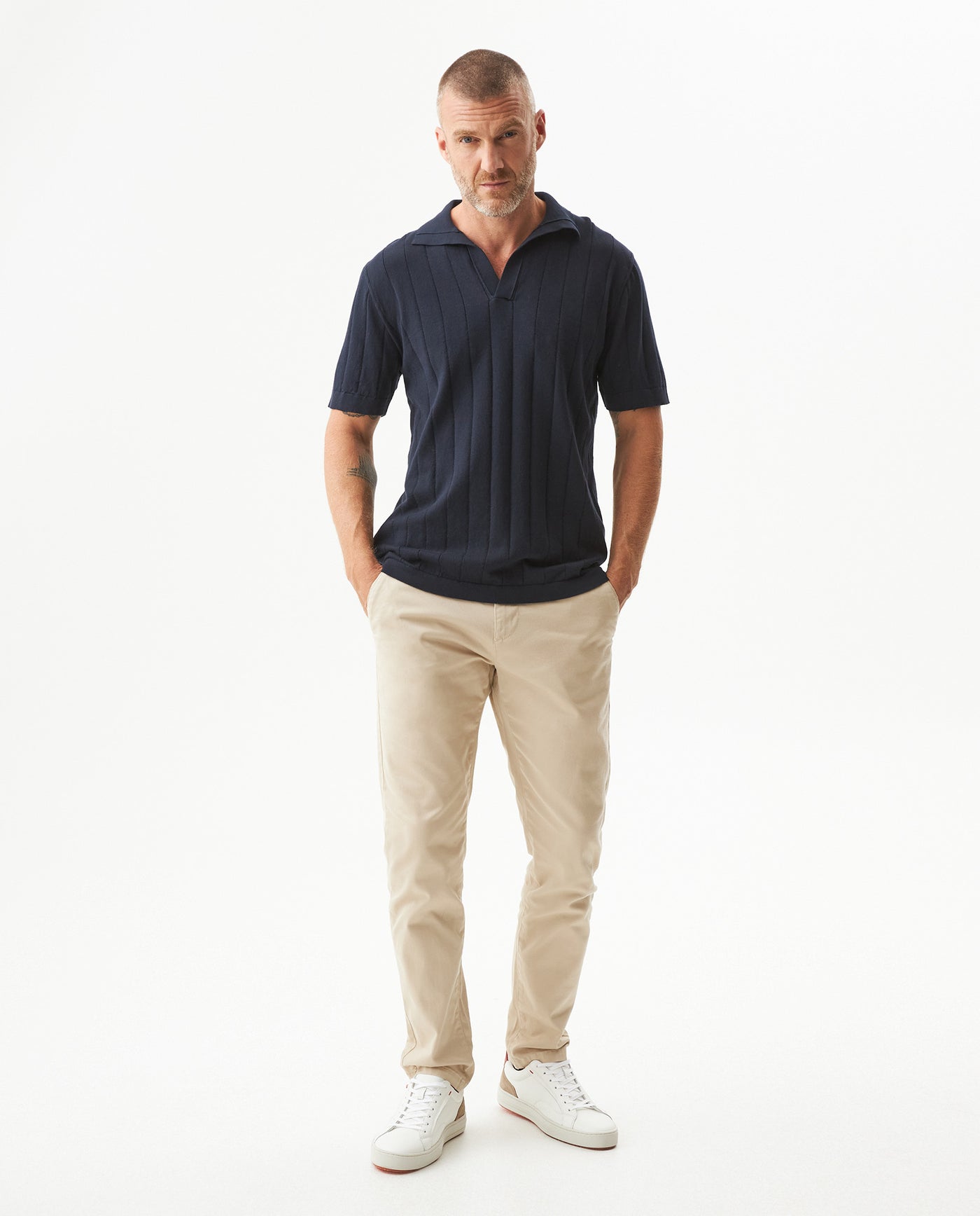 Men's Perforated Vertical Channel Knit Polo, Glow - 3