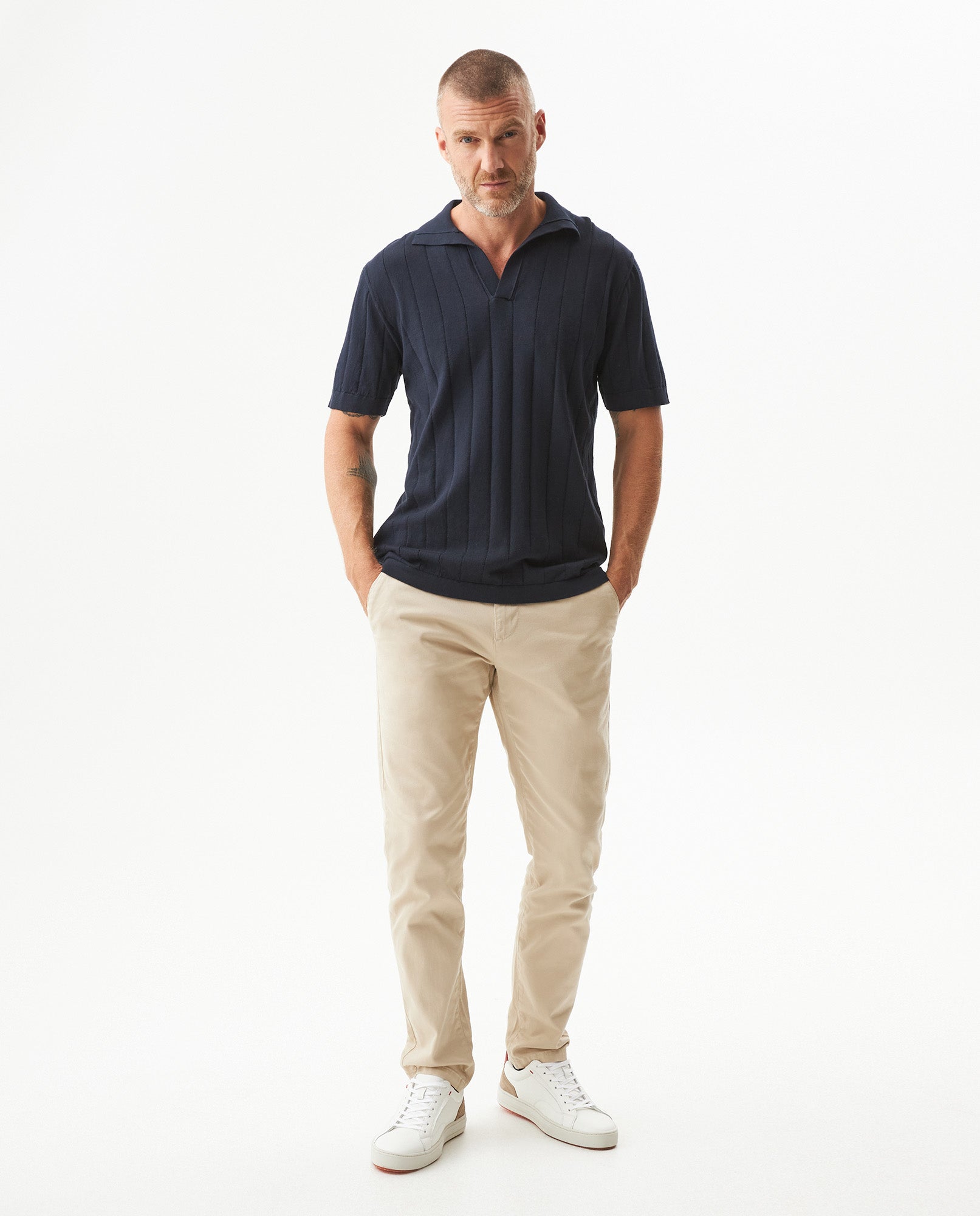 Men's Perforated Vertical Channel Knit Polo, Glow - 3