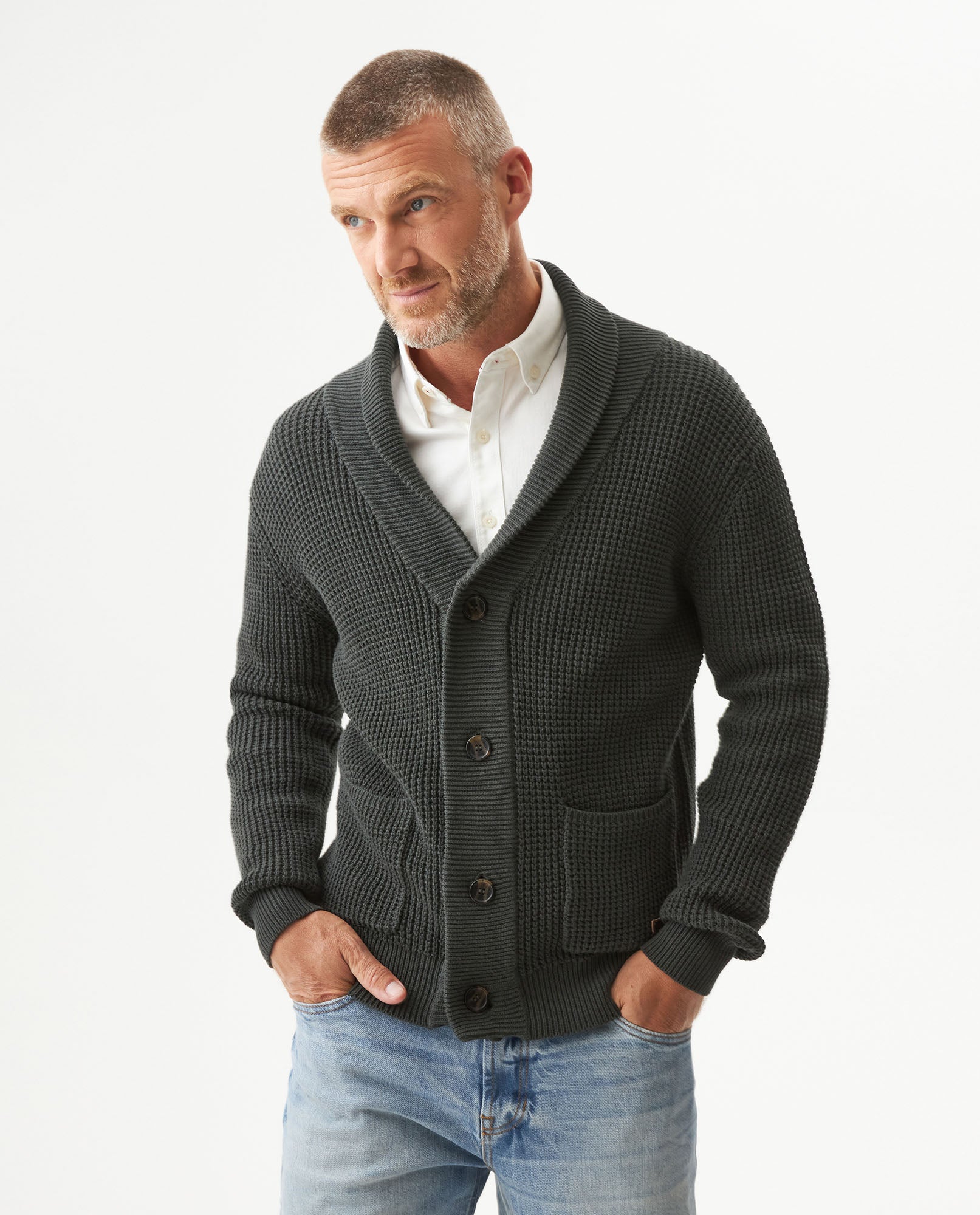 Men's Shawl Collar English Stitch Cardigan, Sailor - 2