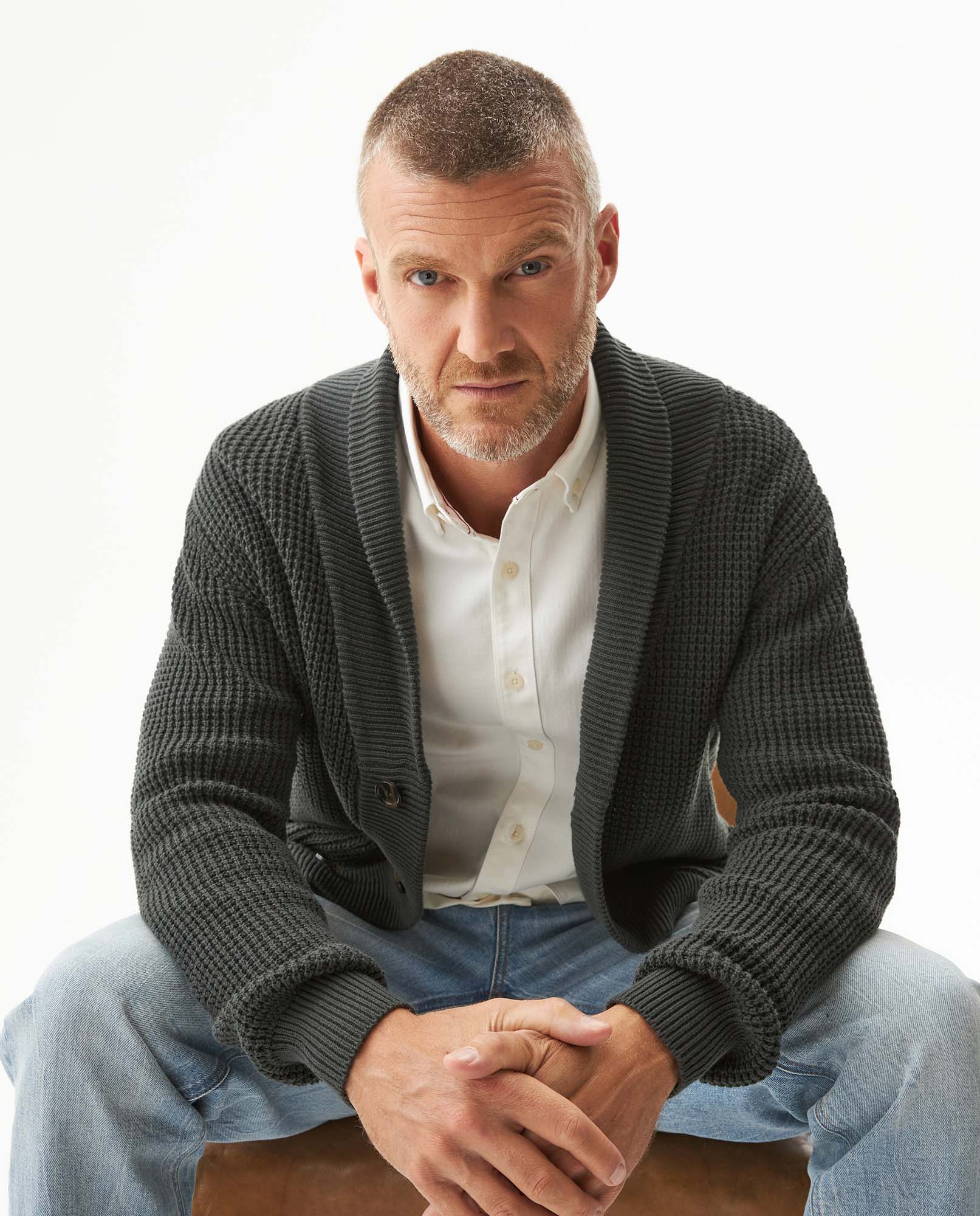 Men's Shawl Collar English Stitch Cardigan, Sailor - 3